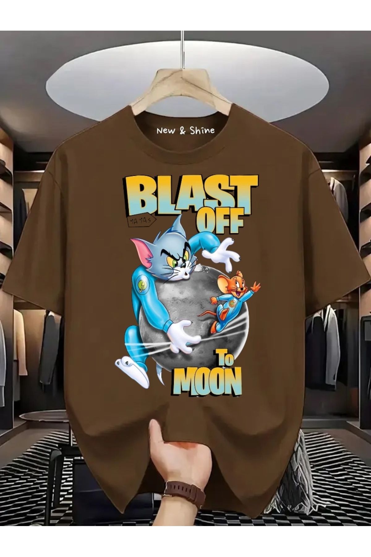 New Shine Blast Off To Moon Tom ve Jerry Baskılı Büyük Beden Oversize T-Shirt