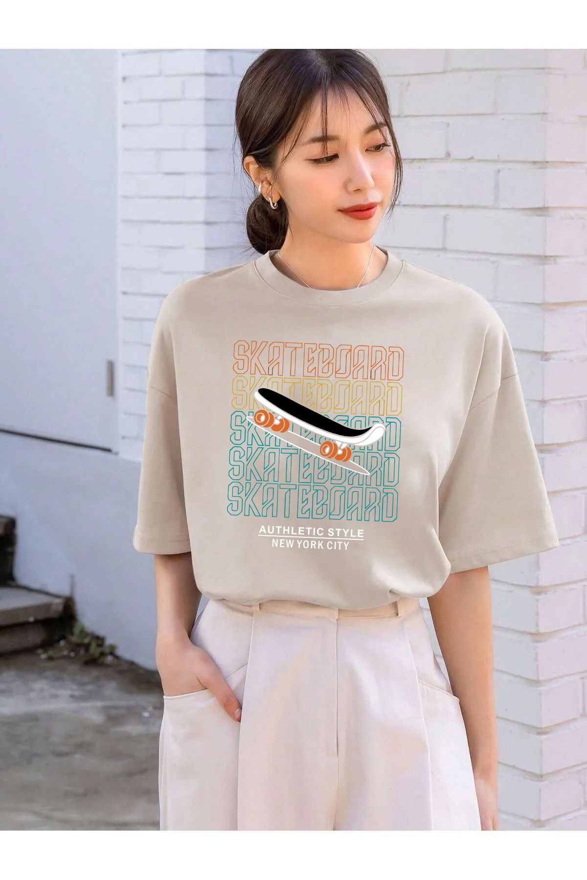 memowear Unisex Skate Baskılı Rahat Kesim Bej T-Shirt