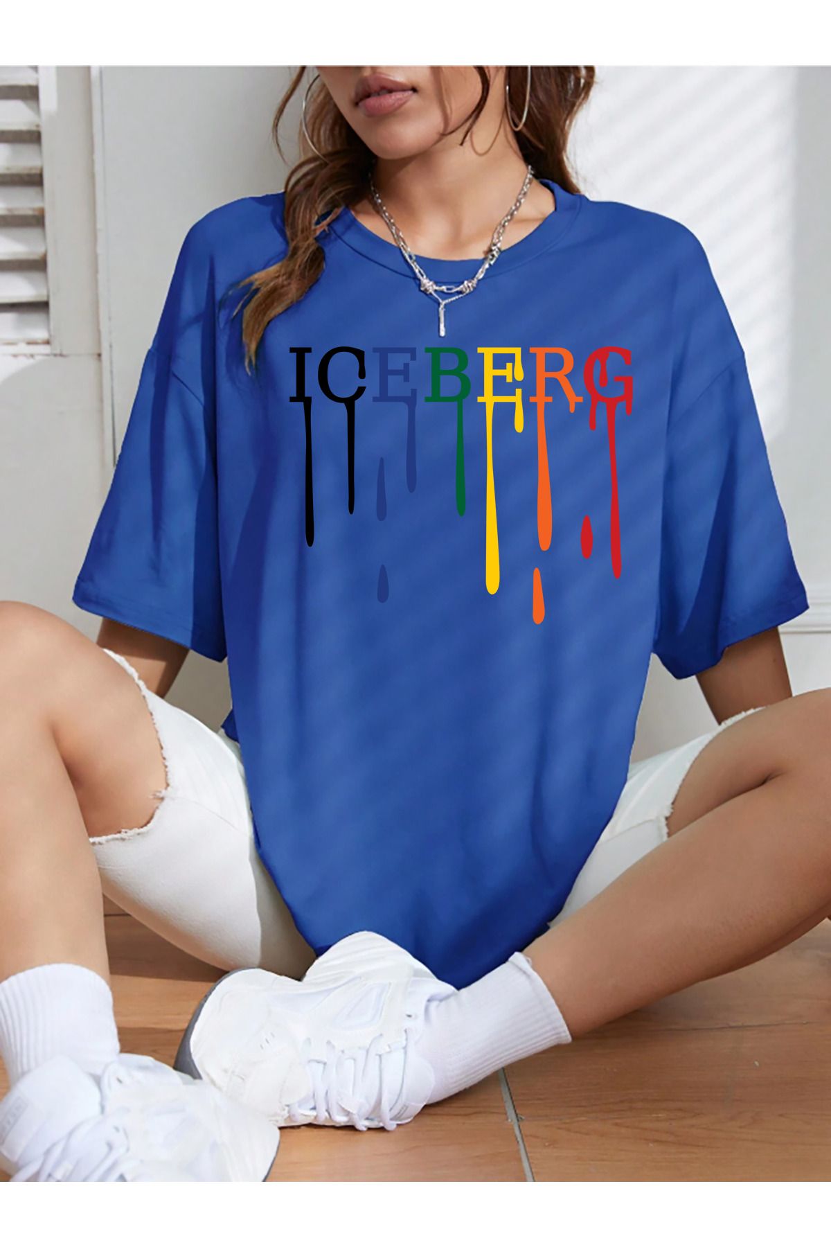 memowear Unisex İceberg Baskılı Rahat Kesim Sax-Mavi T-Shirt