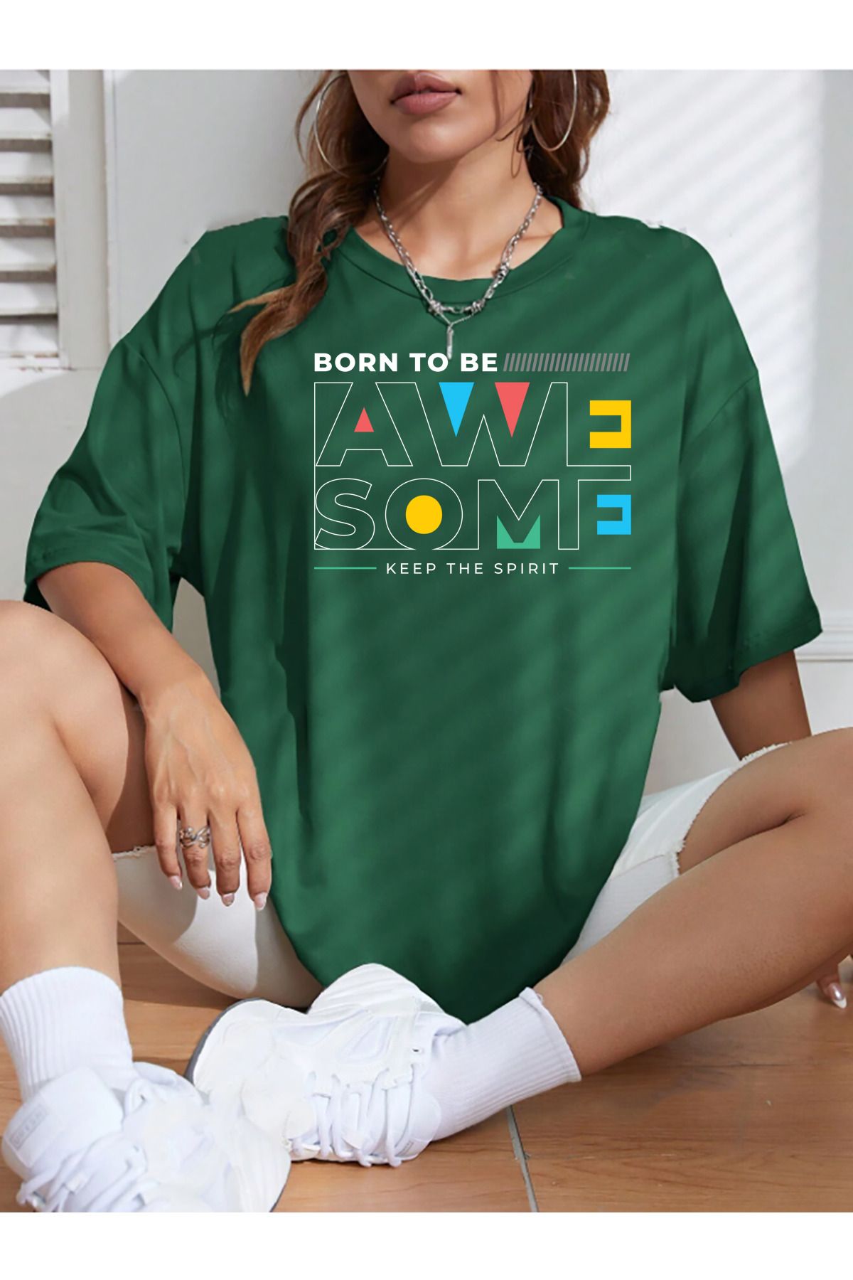 qavnas Unisex Awe Some Baskılı Rahat Kesim Yeşil T-Shirt
