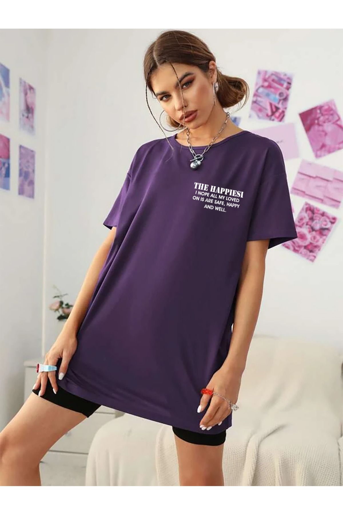 qavnas Unisex The Happiest Baskılı Rahat Kesim Mor T-Shirt