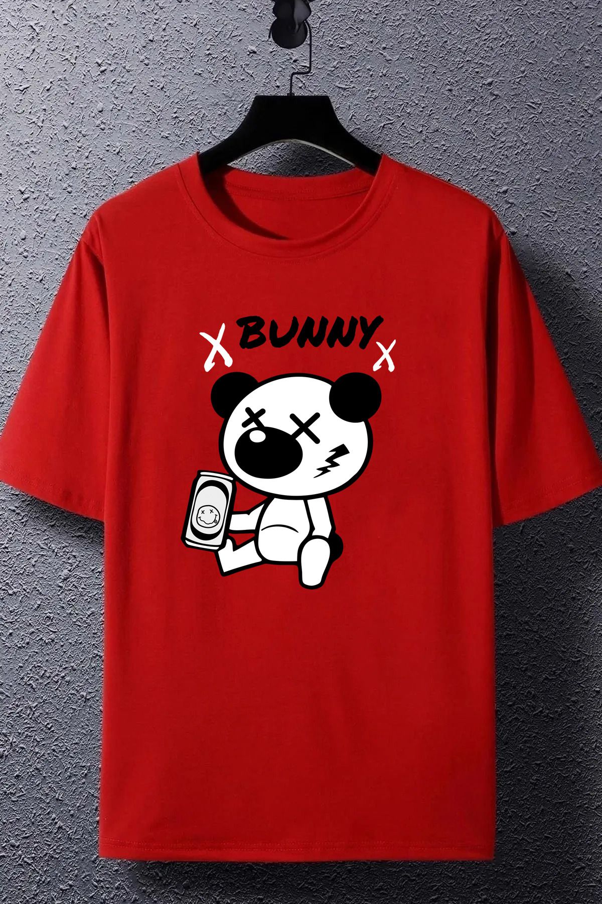 qavnas Unisex Bunny Baskılı Rahat Kesim Kırmızı T-Shirt