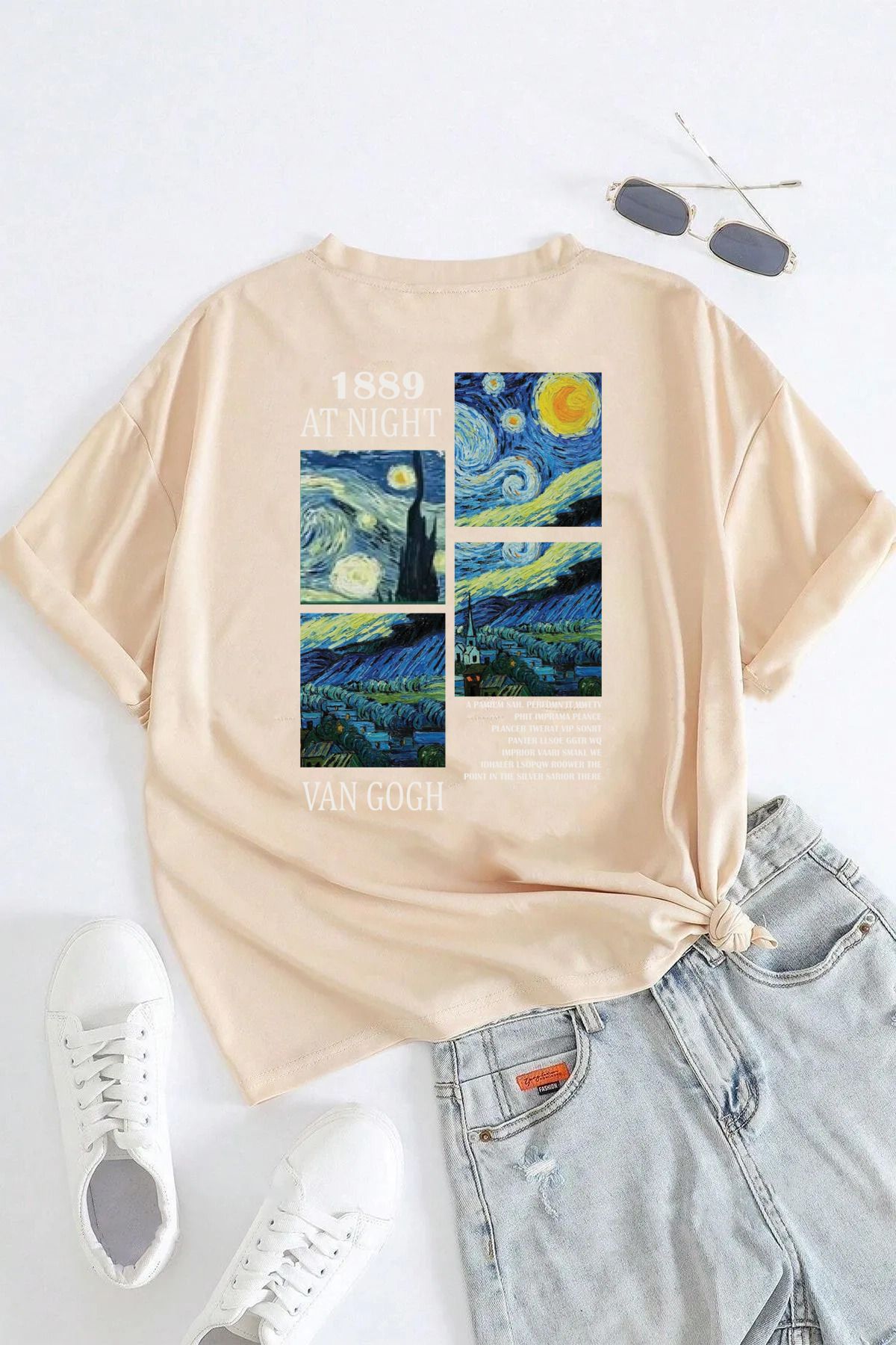 halowear Unisex 1889 Vangogh Baskılı Rahat Kesim Bej T-Shirt