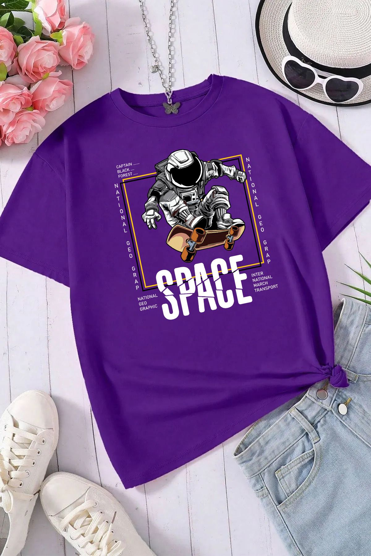 memowear Unisex Space Baskılı Rahat Kesim Mor T-Shirt