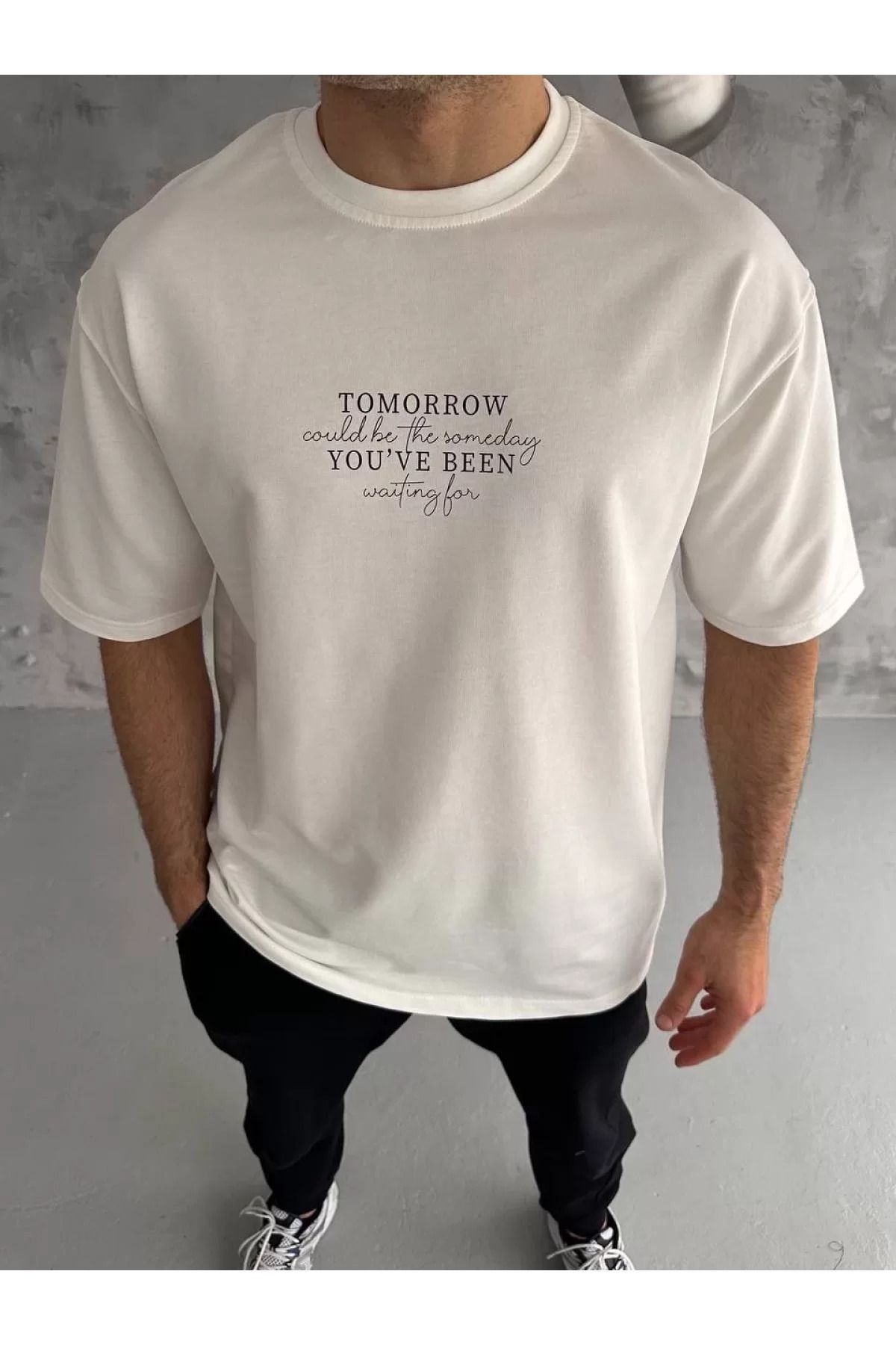 İndigo Park Erkek Tişört Unisex Bisiklet Yaka Baskılı Oversize T-Shirt - Beyaz