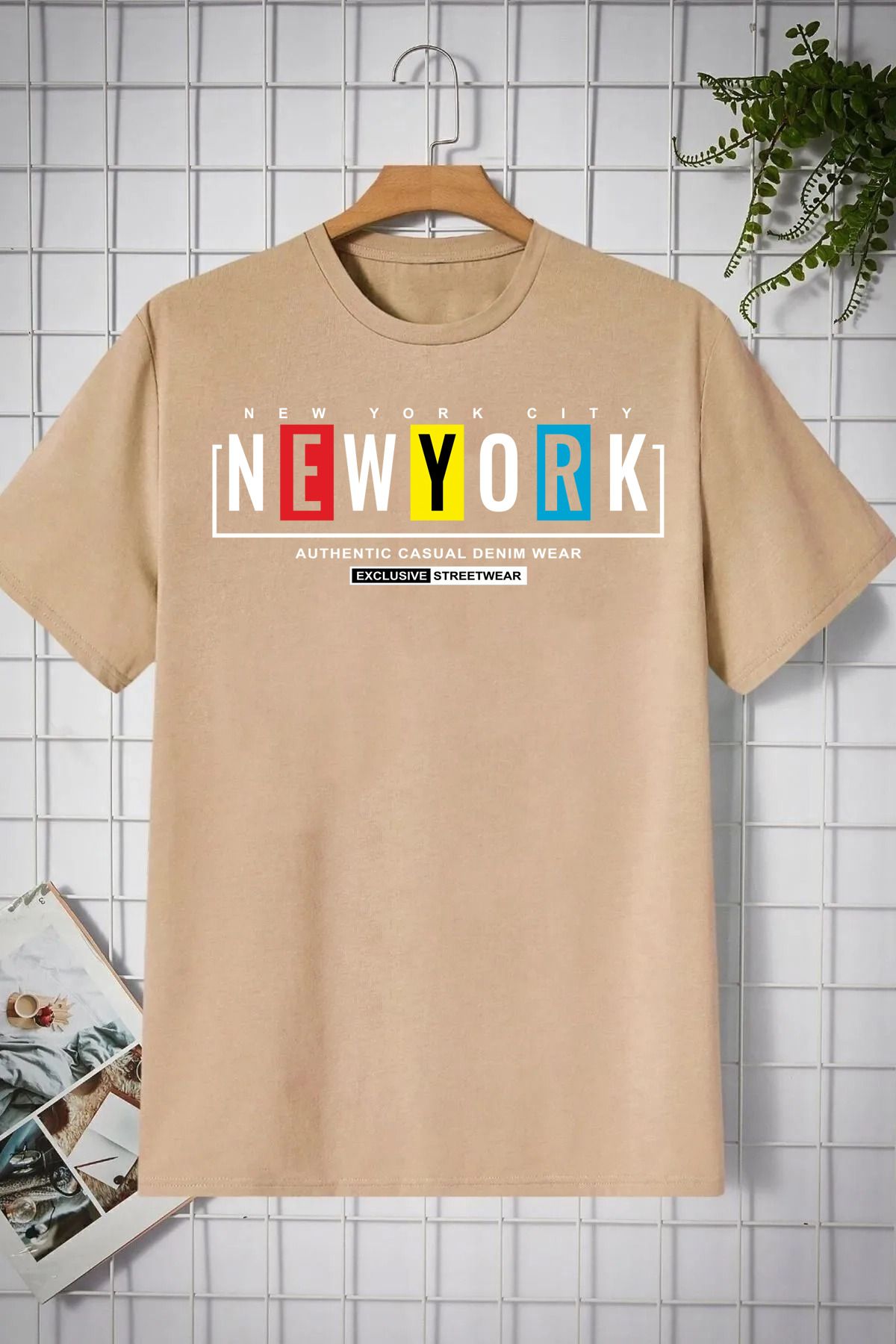 memowear Unisex Newyork Baskılı Rahat Kesim Bej T-Shirt