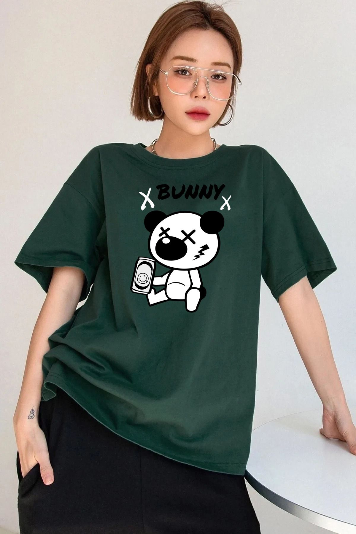 qavnas Unisex Bunny Baskılı Rahat Kesim Yeşil T-Shirt