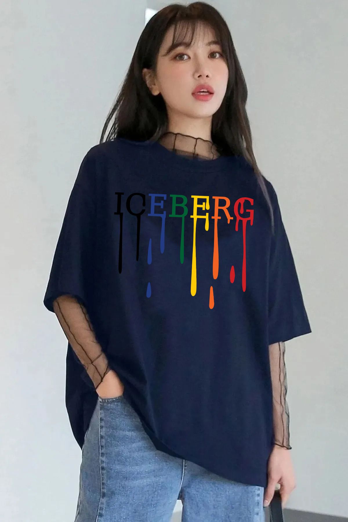 qavnas Unisex İceberg Baskılı Rahat Kesim Lacivert T-Shirt