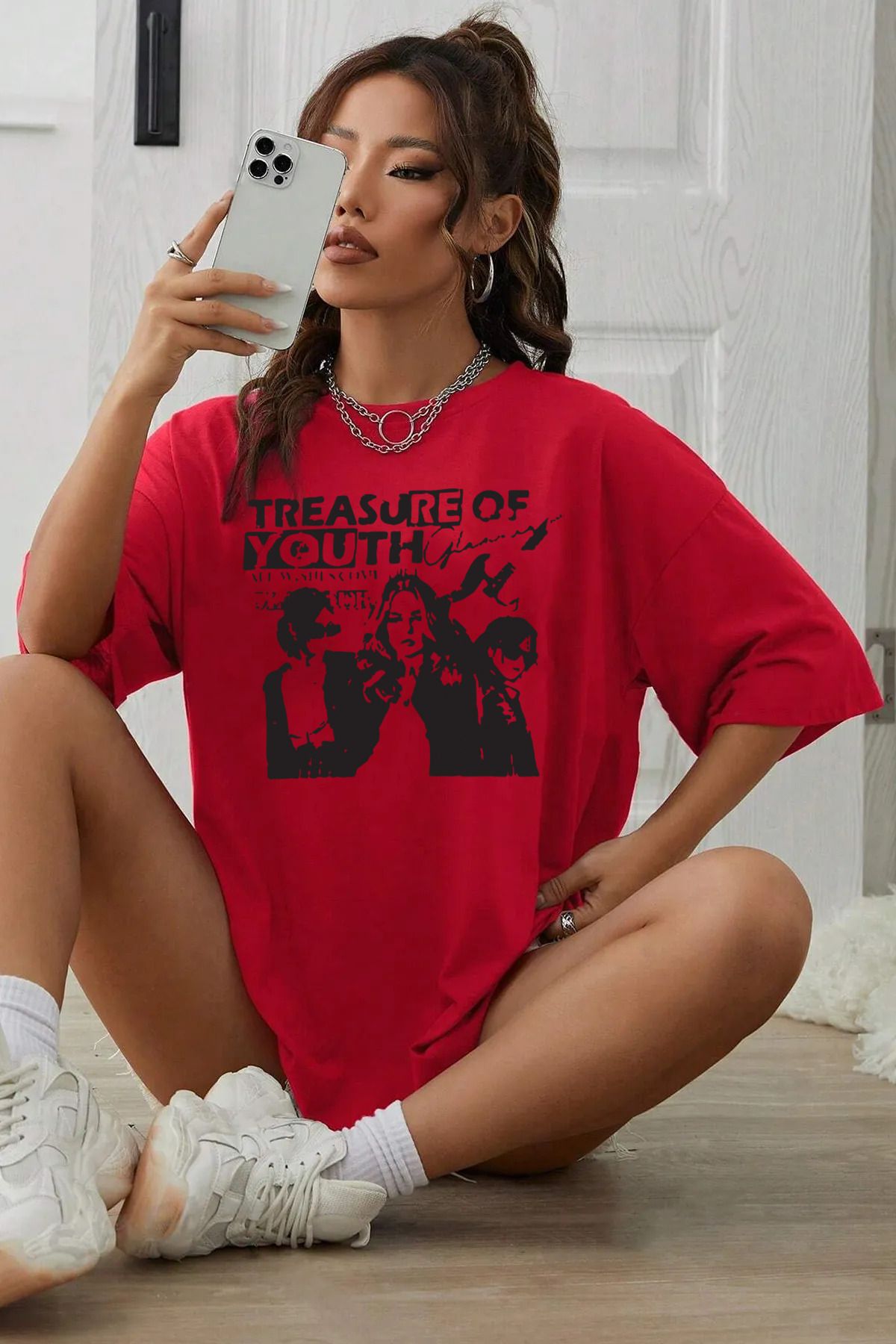 qavnas Unisex Treasure Baskılı Rahat Kesim Kırmızı T-Shirt