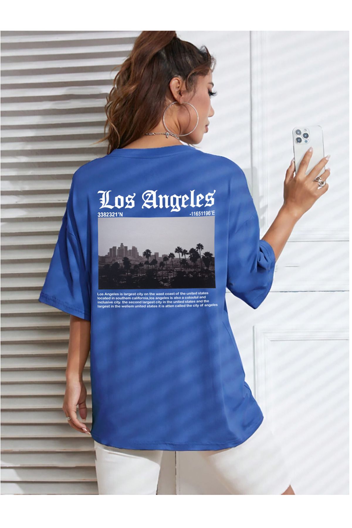 memowear Unisex Los Angeles Baskılı Rahat Kesim Sax-Mavi T-Shirt