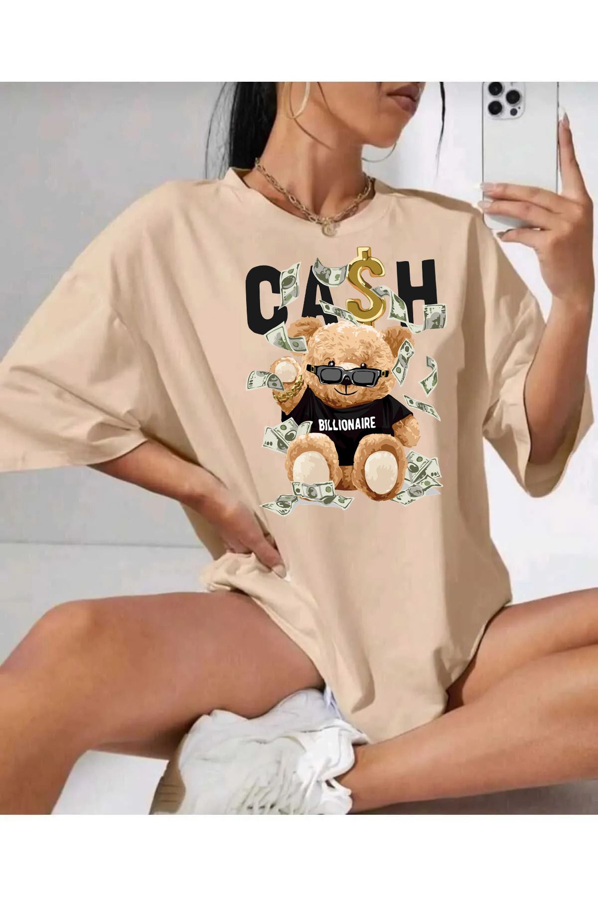 qavnas Unisex Cash Bear Baskılı Rahat Kesim Bej T-Shirt