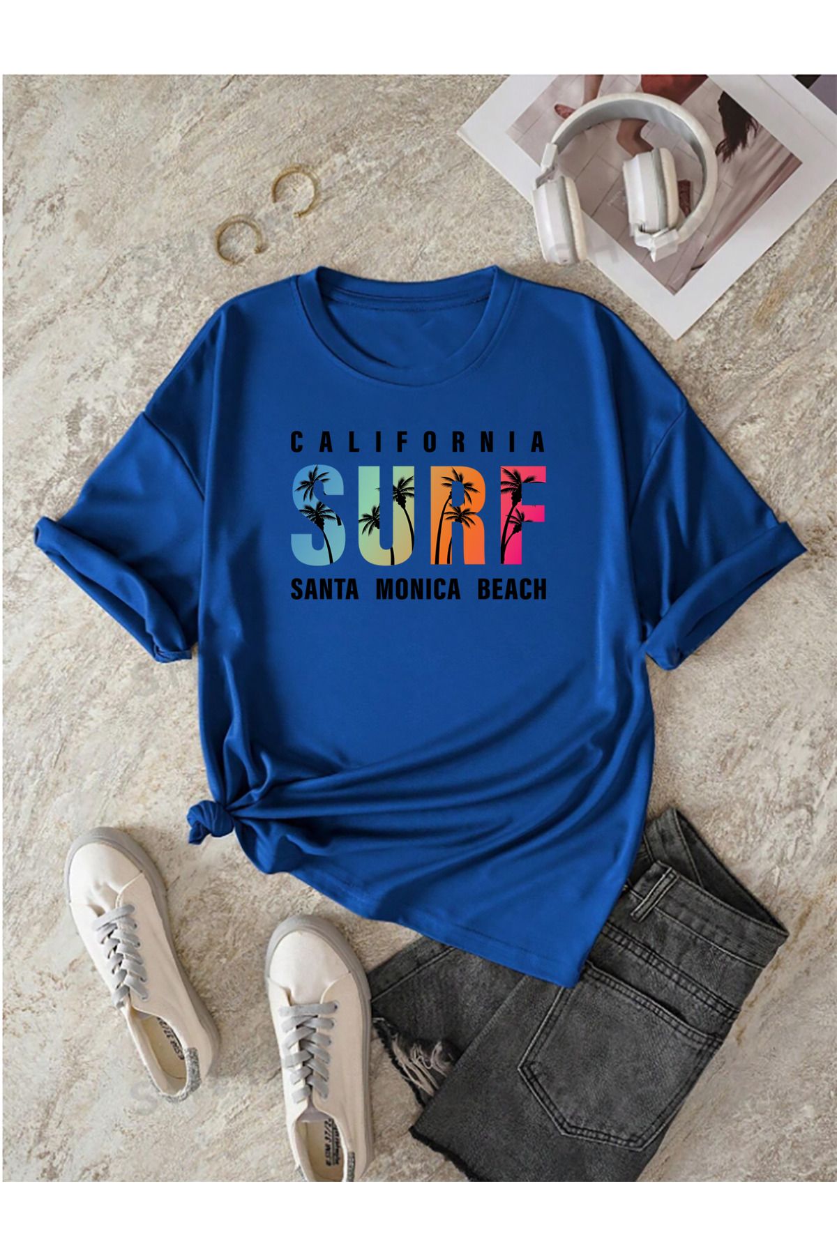 qavnas Unisex SURF Baskılı Rahat Kesim Sax-Mavi T-Shirt