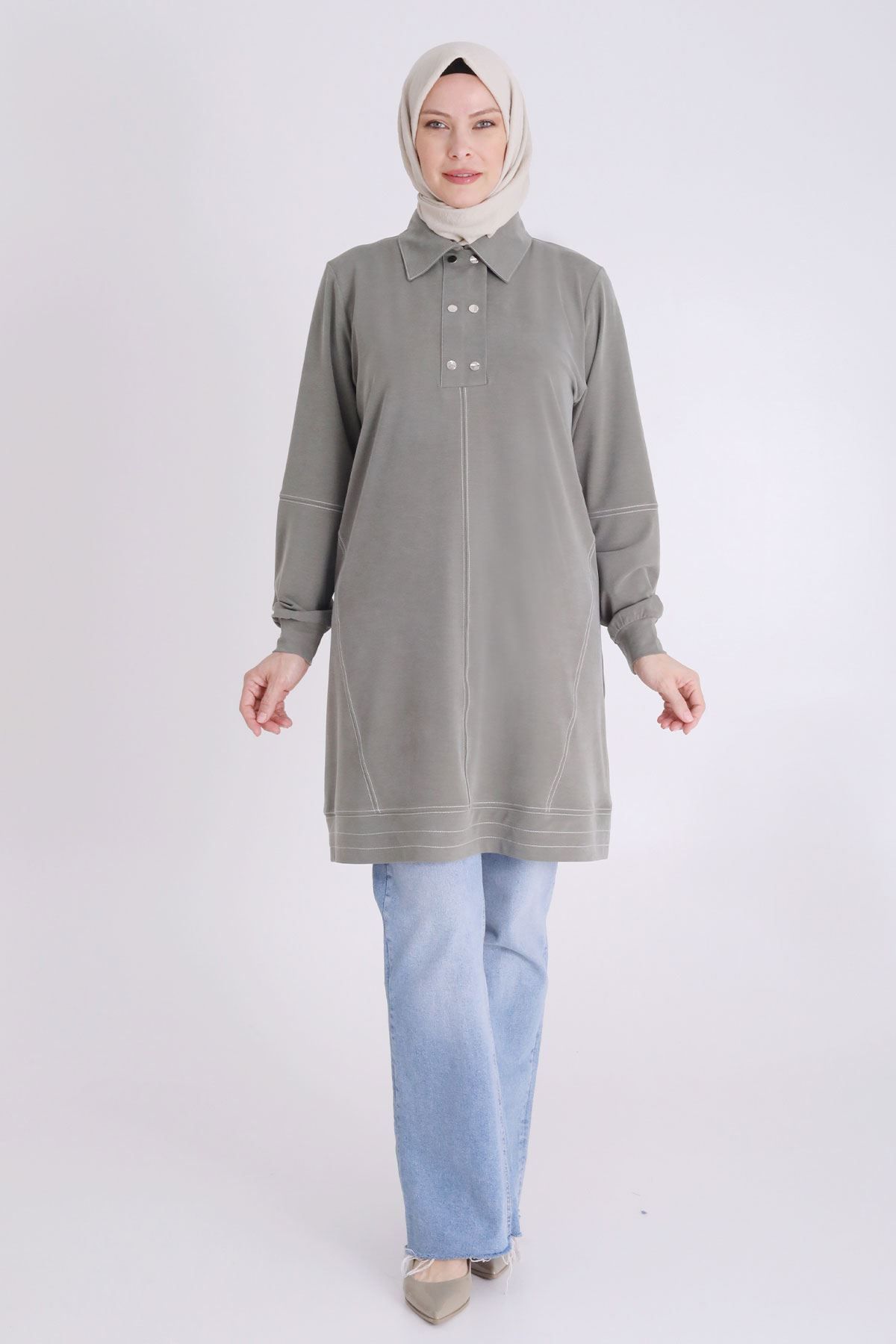 behrem Büyük Beden Tesettür Örme Lyocell Spor Tunik 20119 Haki