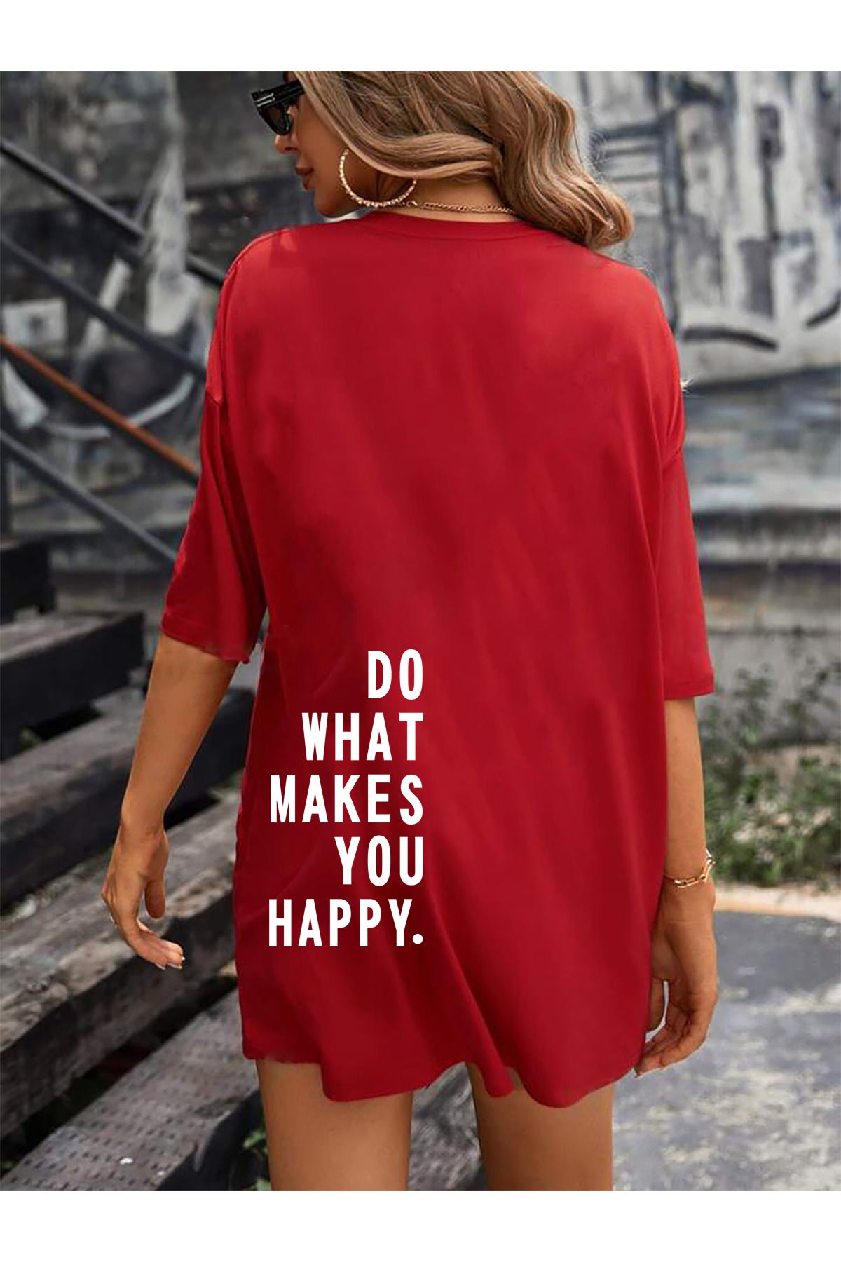 memowear Unisex Do What Makes You Happy Baskılı Rahat Kesim Kırmızı T-Shirt