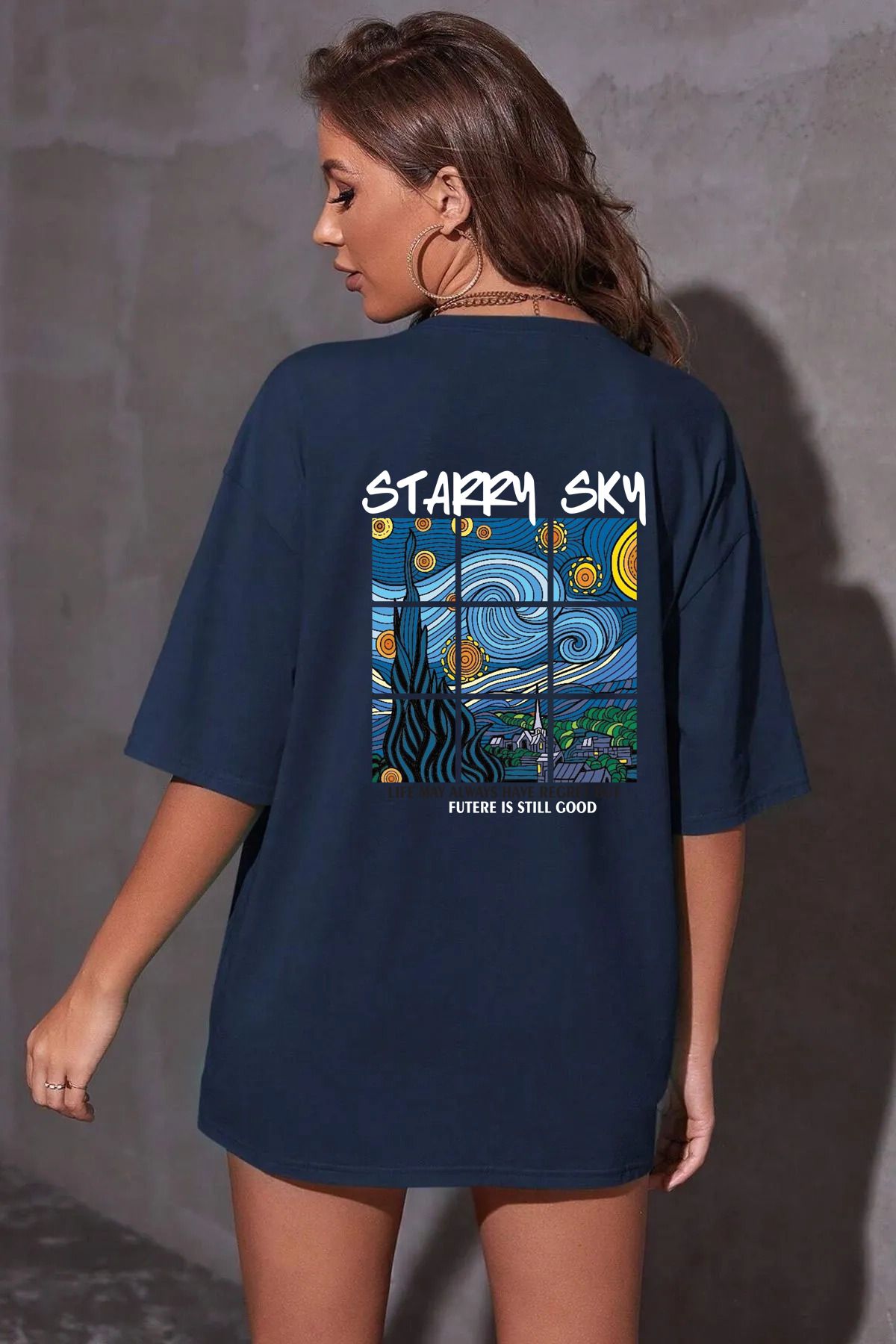 qavnas Unisex Starry SKY Baskılı Rahat Kesim Lacivert T-Shirt