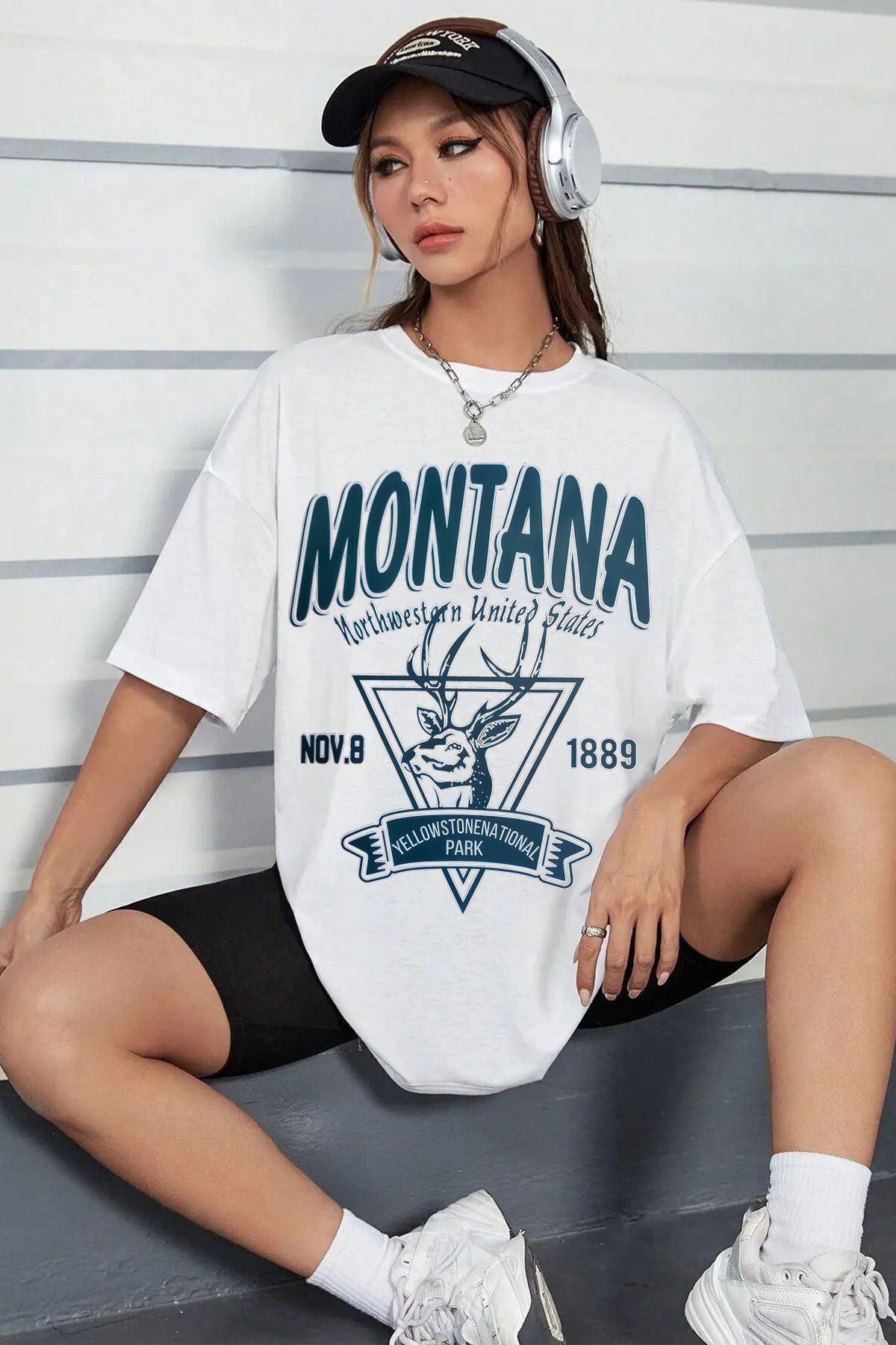 qavnas Unisex Montana Baskılı Rahat Kesim Beyaz T-Shirt