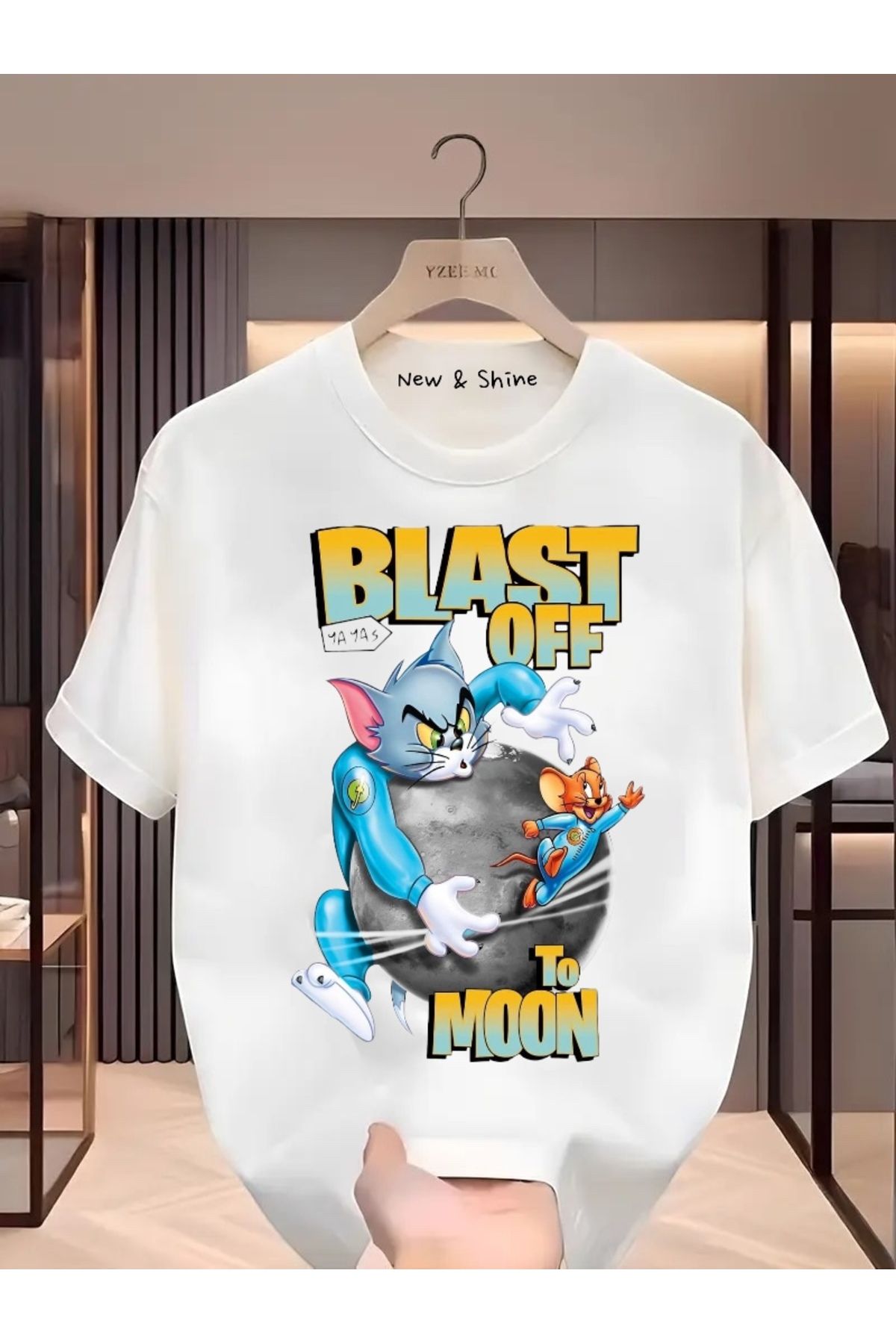 New Shine Blast Off To Moon Tom ve Jerry Baskılı Oversize T-Shirt