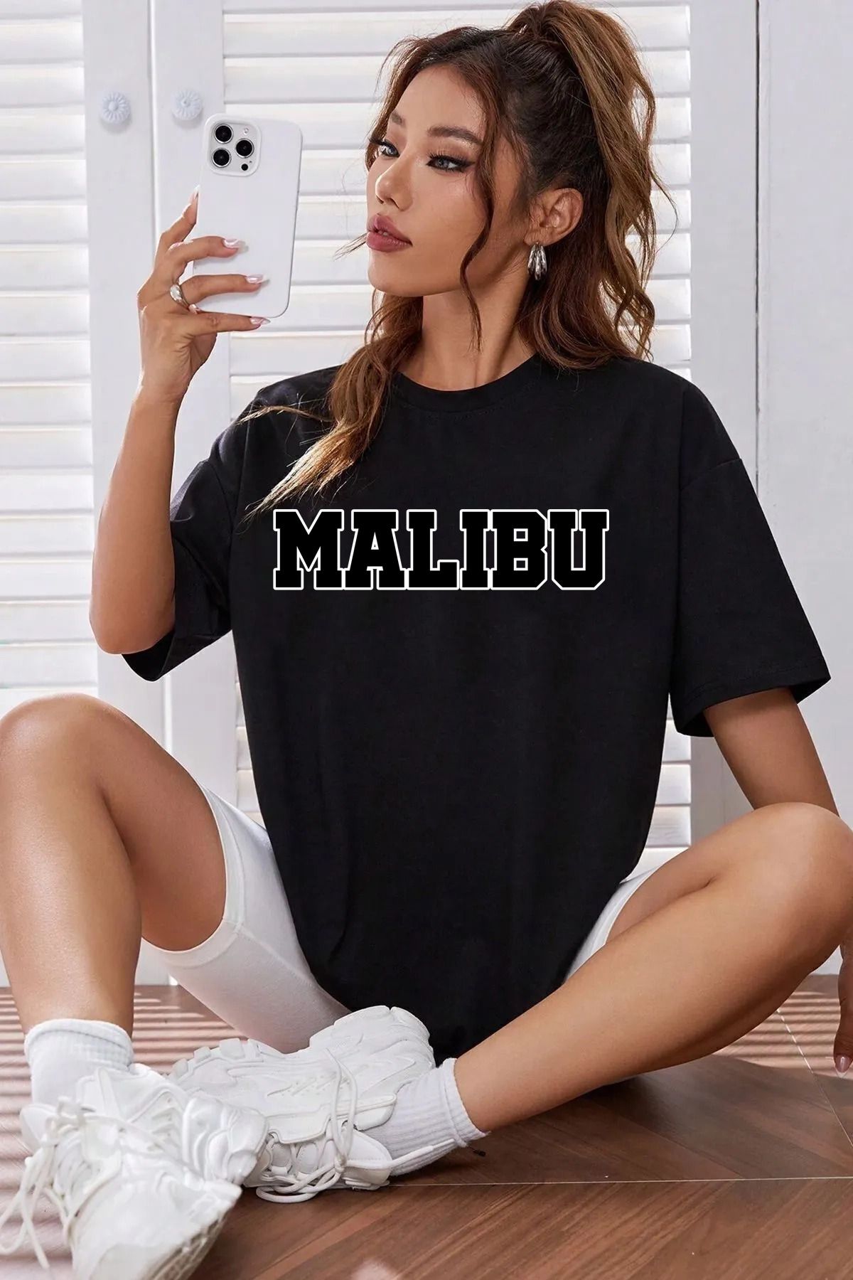 qavnas Unisex Malibu Baskılı Rahat Kesim Siyah T-Shirt
