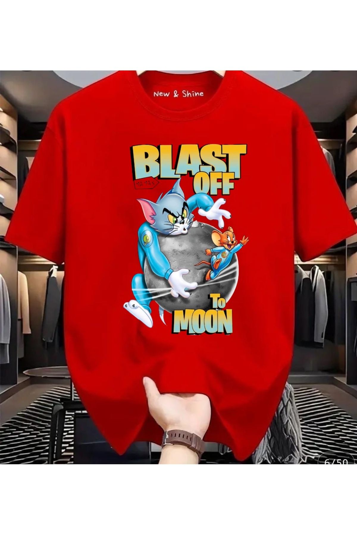 New Shine Blast Off To Moon Tom ve Jerry Baskılı Büyük Beden Oversize T-Shirt