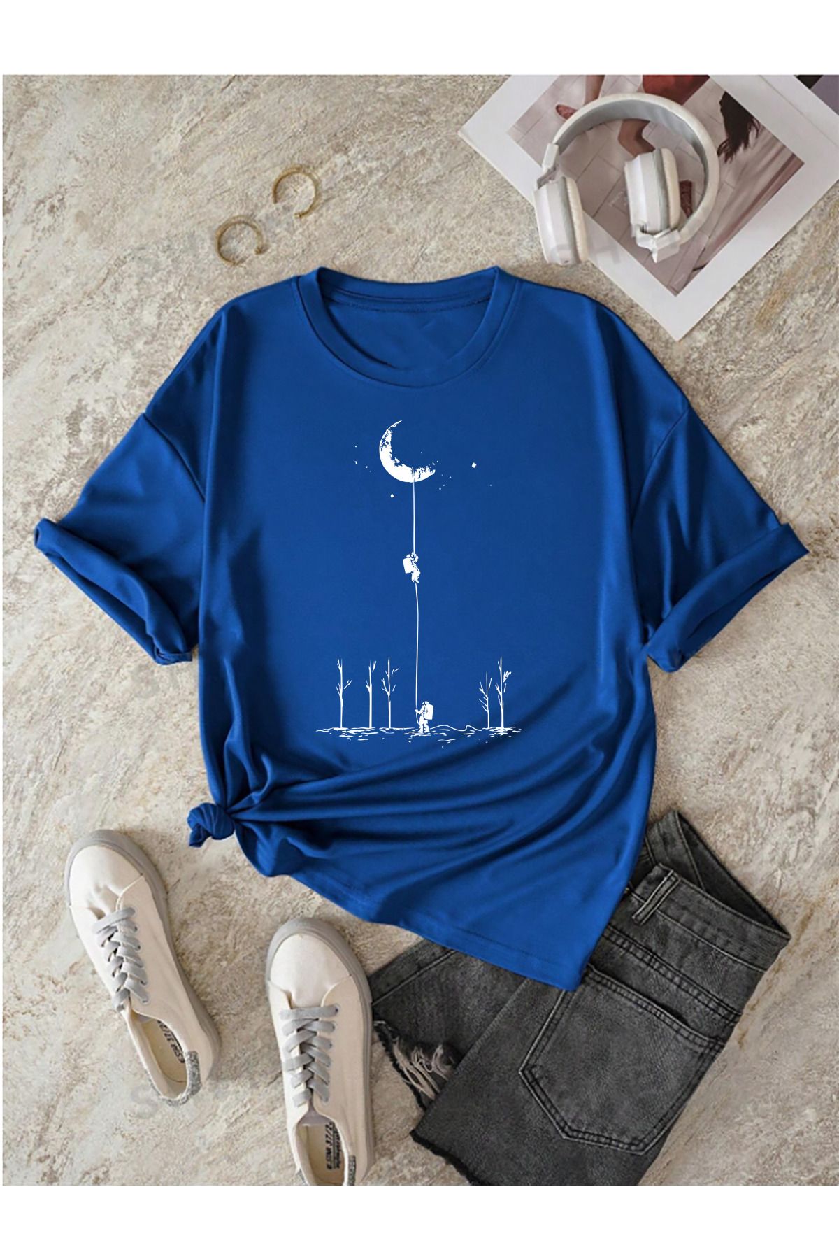 memowear Unisex Ay Satürn Baskılı Rahat Kesim Sax-Mavi T-Shirt