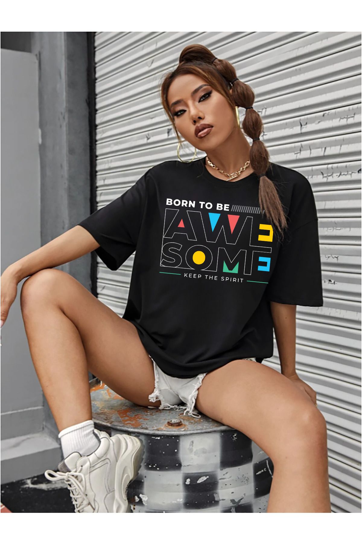 memowear Unisex Awe Some Baskılı Rahat Kesim Siyah T-Shirt