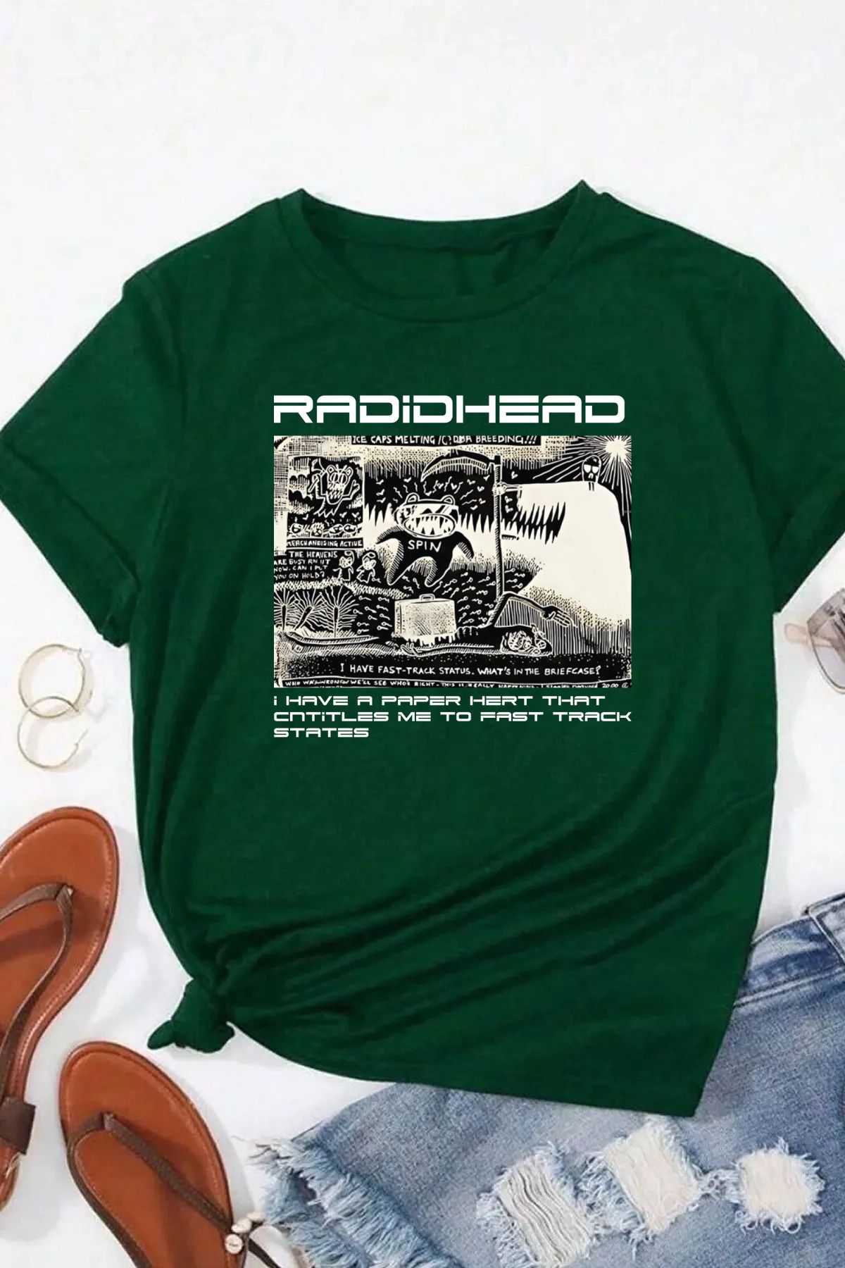 qavnas Unisex Radid Head Baskılı Rahat Kesim Yeşil T-Shirt