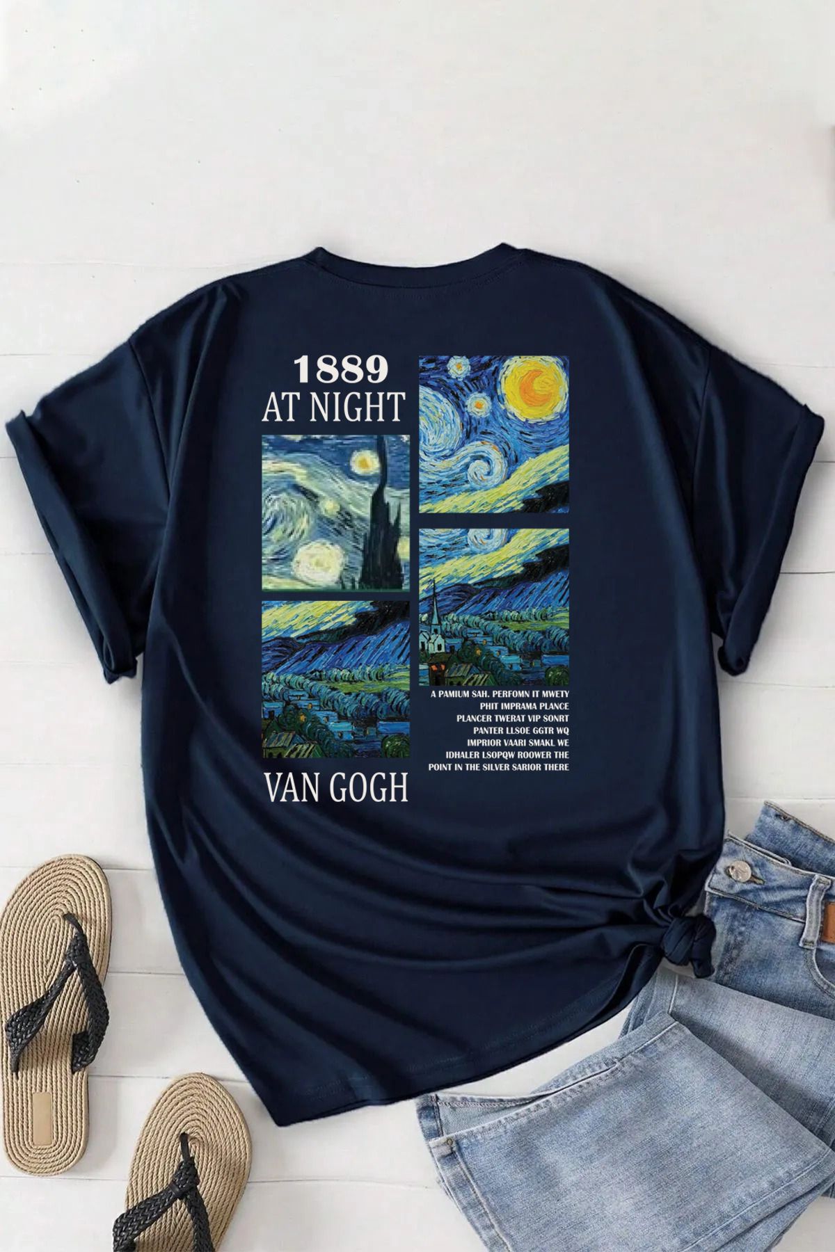 memowear Unisex 1889 Vangogh Baskılı Rahat Kesim Lacivert T-Shirt