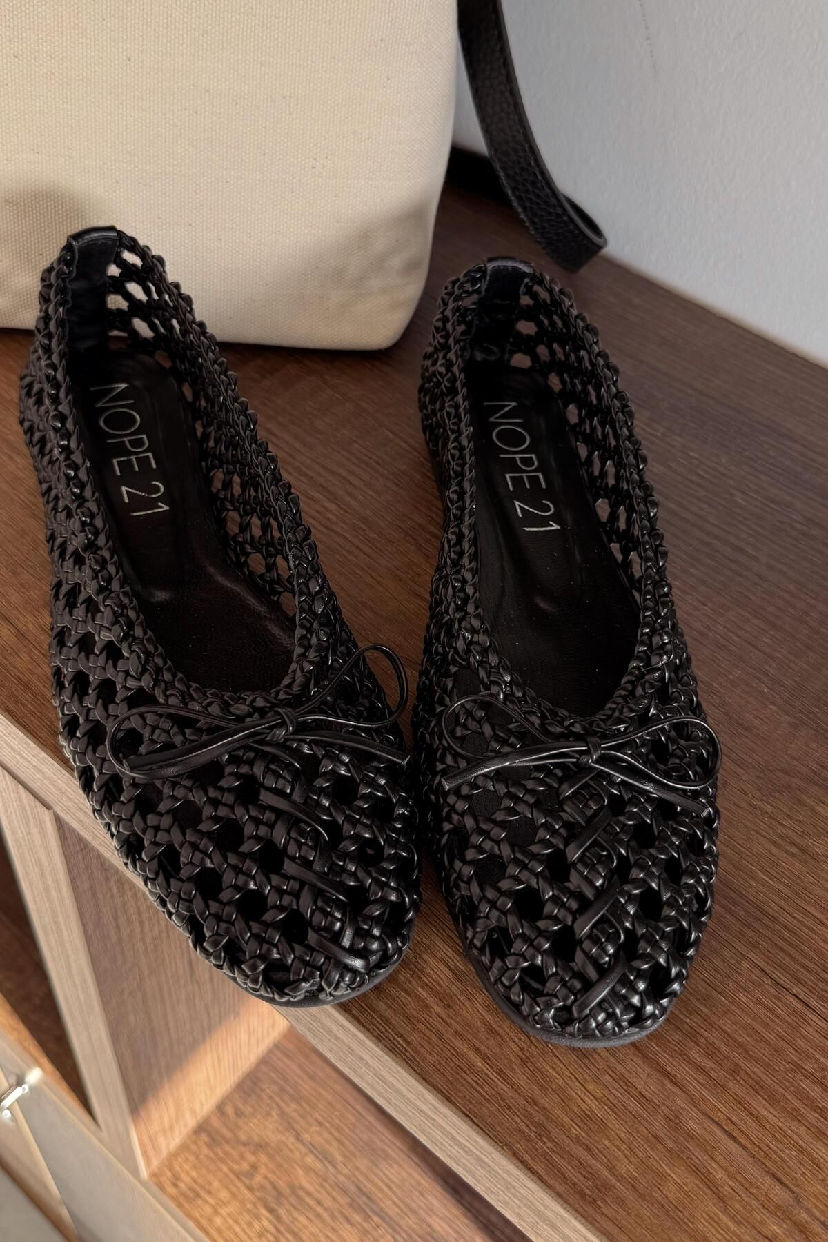 nope21shoess Crochet Siyah Hakiki Deri Babet