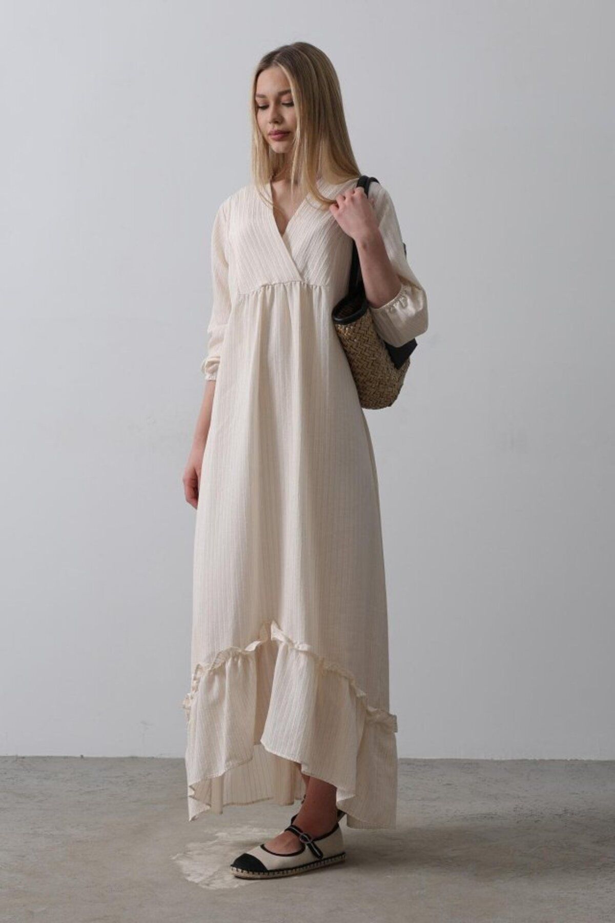 disponible Keten Çizgili Oversize V Yaka Elbise