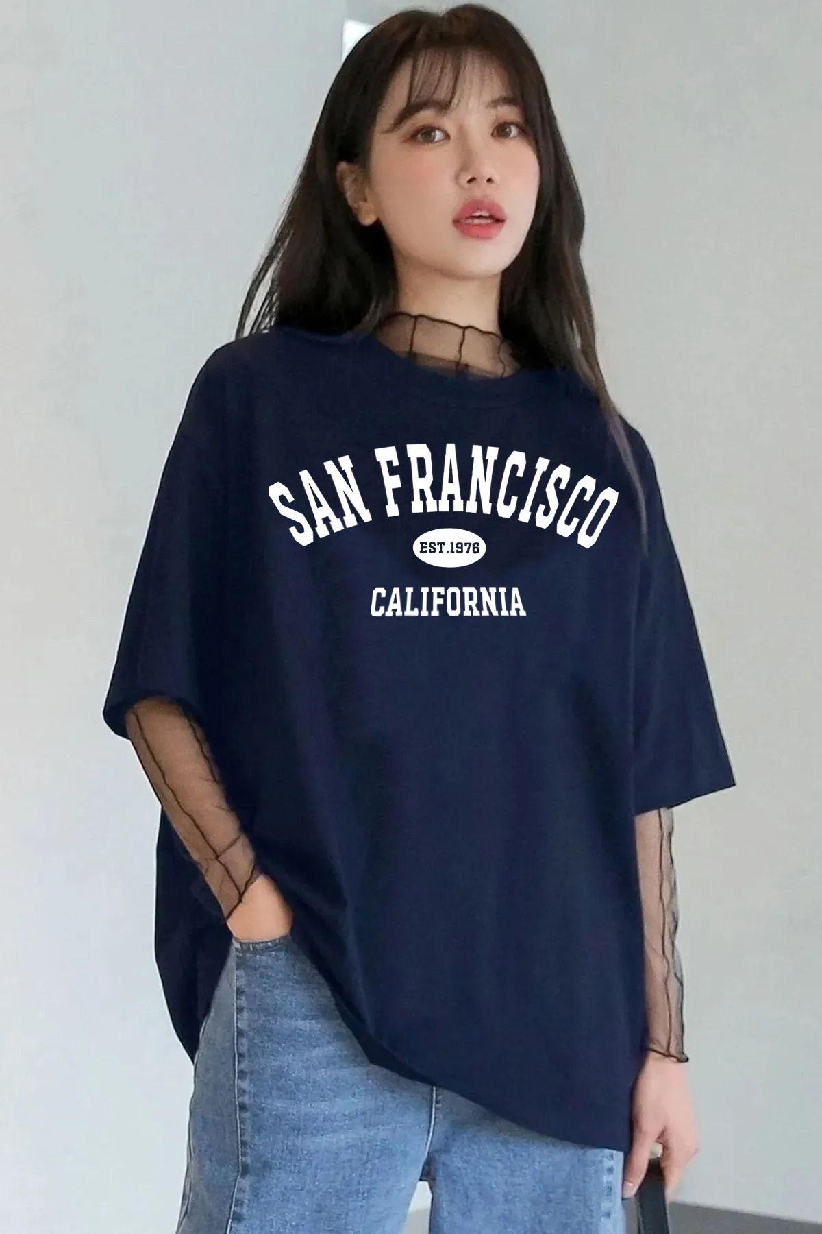 qavnas Unisex San Fransisco Baskılı Rahat Kesim Lacivert T-Shirt
