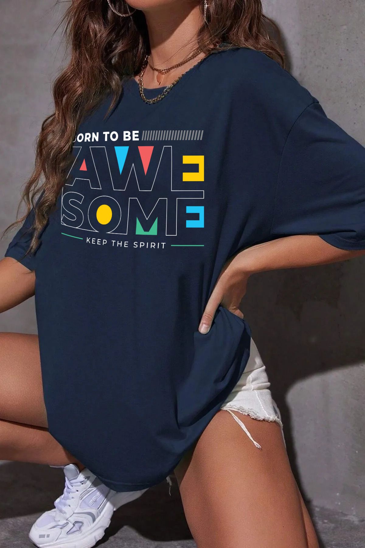 memowear Unisex Awe Some Baskılı Rahat Kesim Lacivert T-Shirt