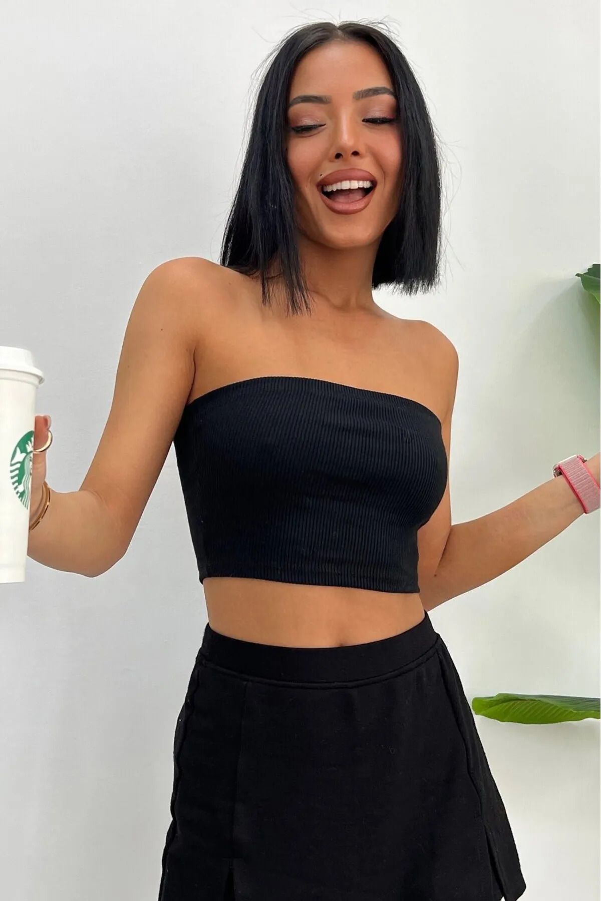 disponible Kadın Siyah Straplez Büstiyer Crop Bluz