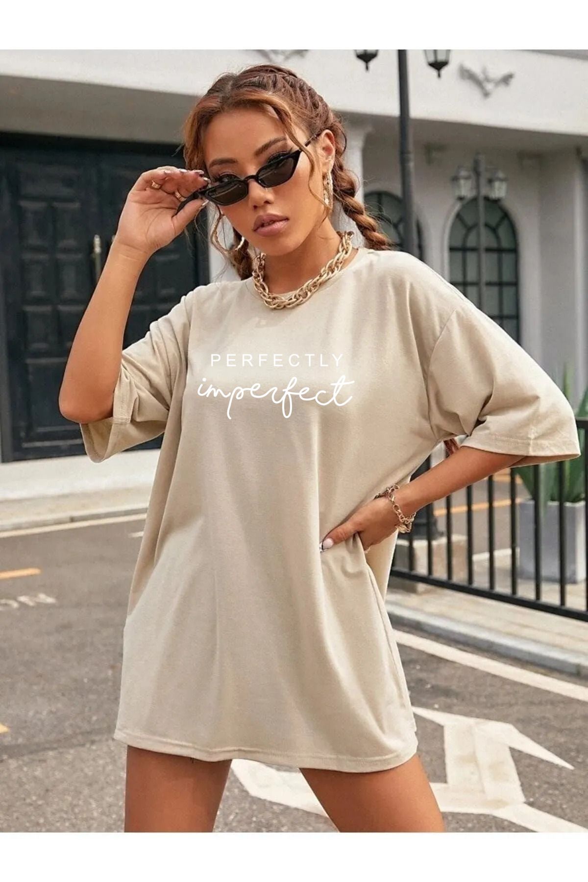 qavnas Unisex Perfectly Baskılı Rahat Kesim Bej T-Shirt