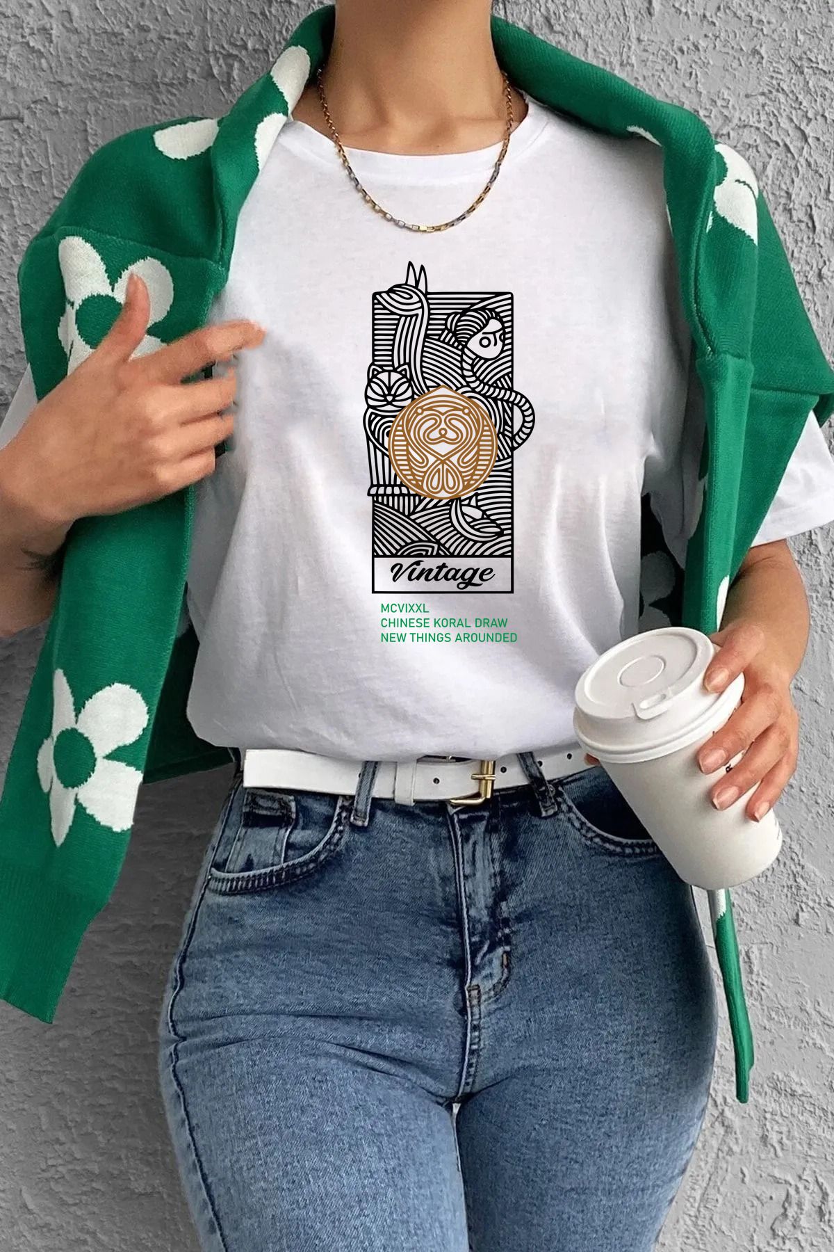 qavnas Unisex Vintage Baskılı Rahat Kesim Beyaz T-Shirt