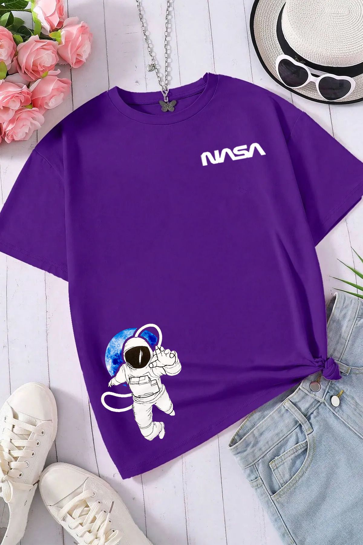 halowear Unisex Nasa Astronot Baskılı Rahat Kesim Lacivert T-Shirt