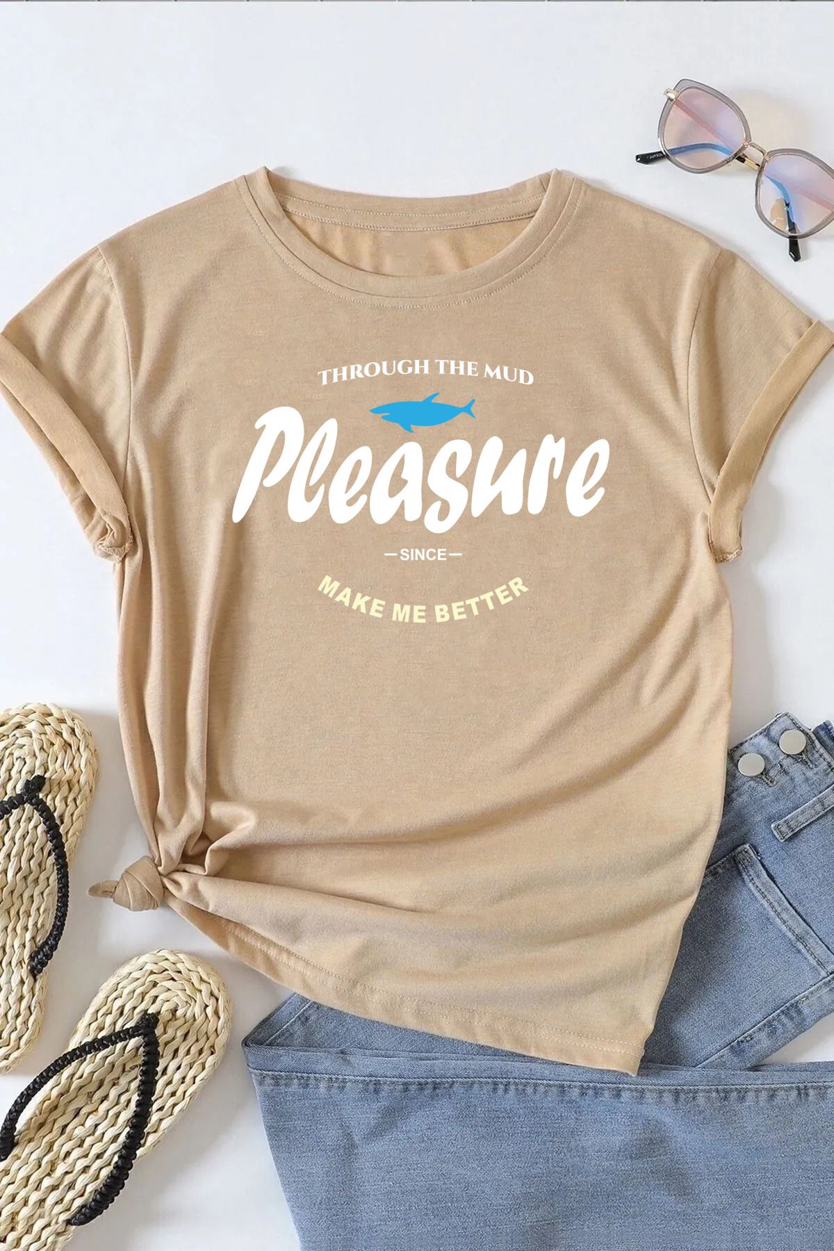 qavnas Unisex Pleasure Baskılı Rahat Kesim Bej T-Shirt