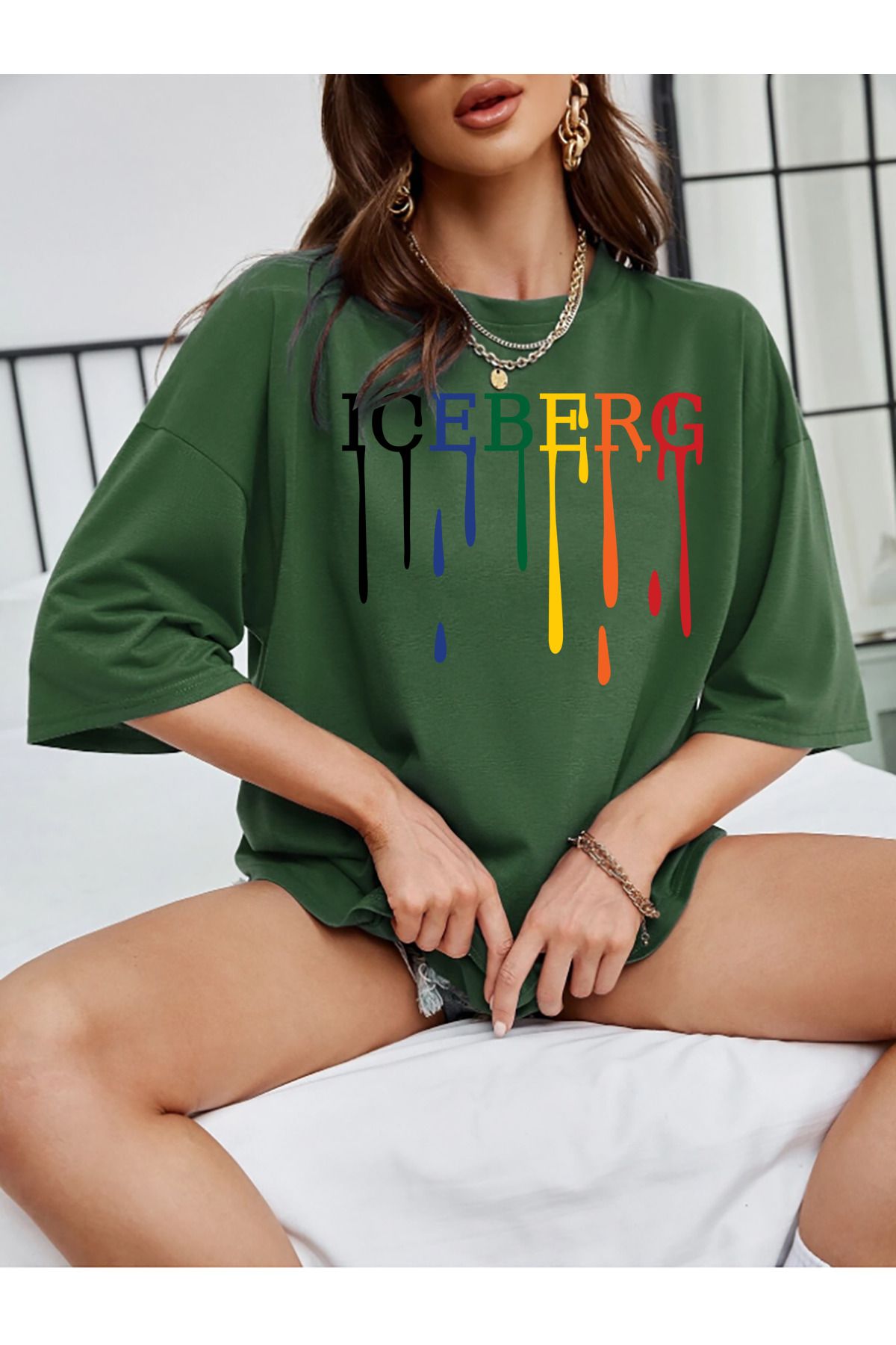 memowear Unisex İceberg Baskılı Rahat Kesim Yeşil T-Shirt