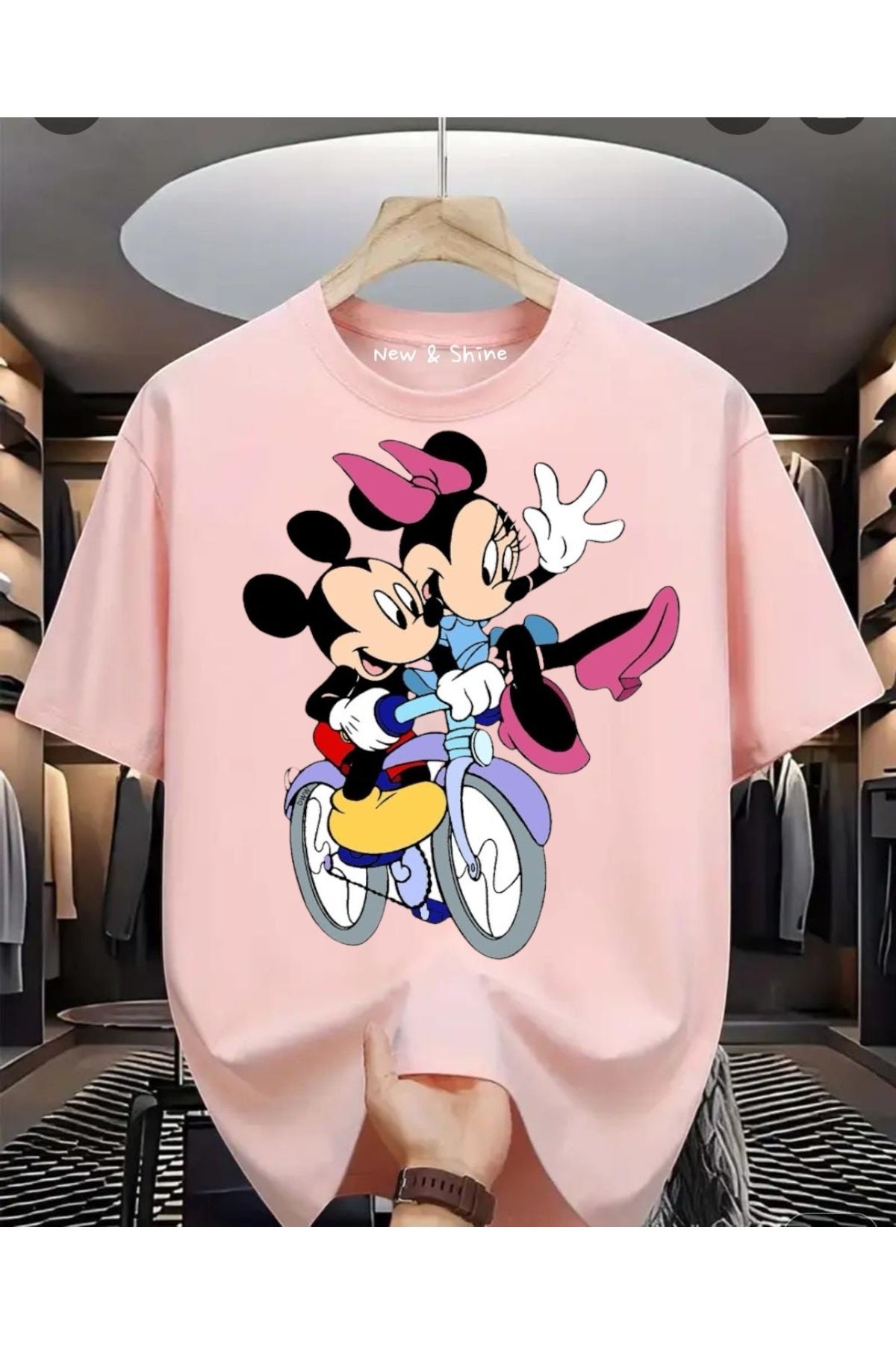 New Shine Mickey Minie Bisiklette Baskılı Büyük Beden Oversize T-Shirt
