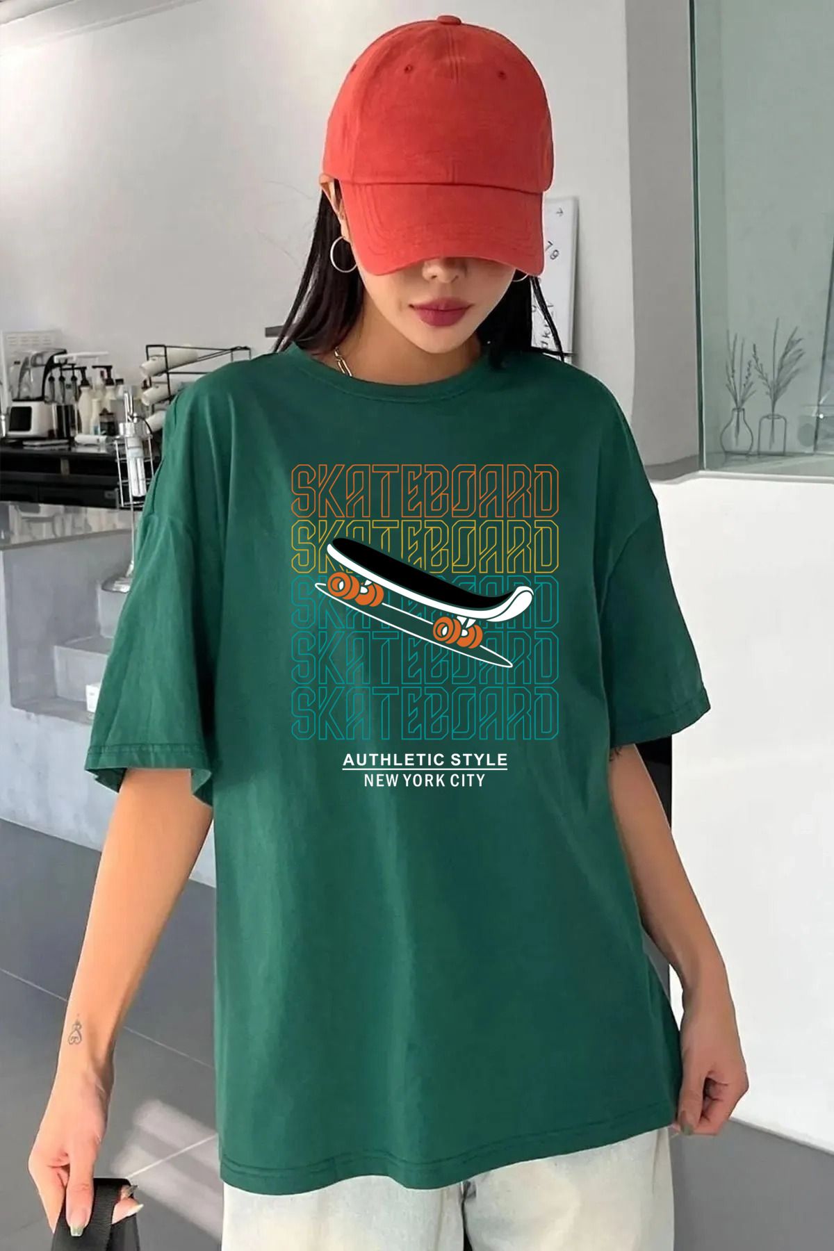 qavnas Unisex Skate Baskılı Rahat Kesim Yeşil T-Shirt