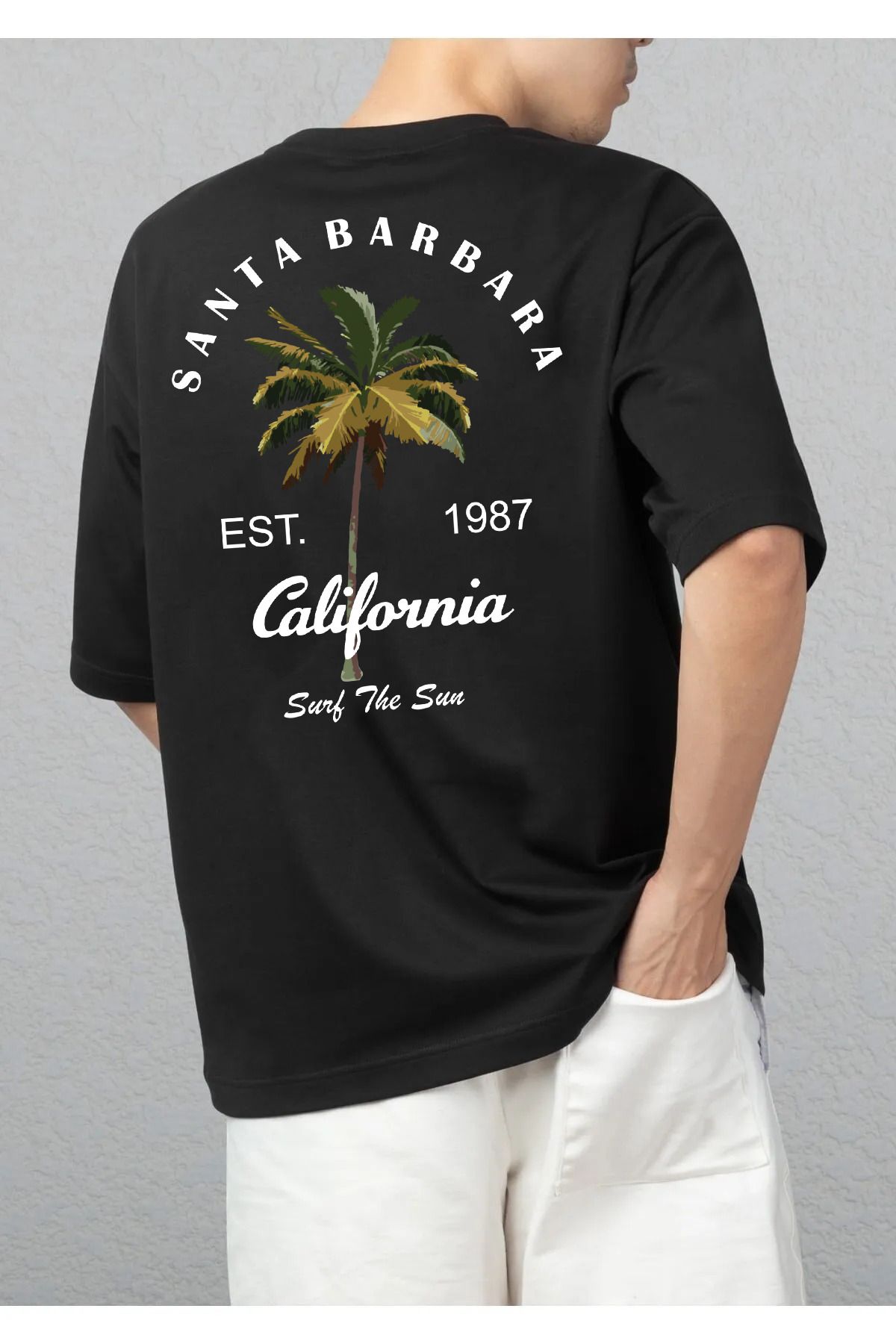 memowear Unisex Santa Barbara Baskılı Rahat Kesim Siyah T-Shirt