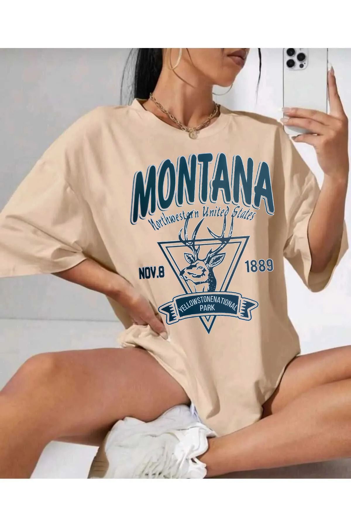 memowear Unisex Montana Baskılı Rahat Kesim Bej T-Shirt