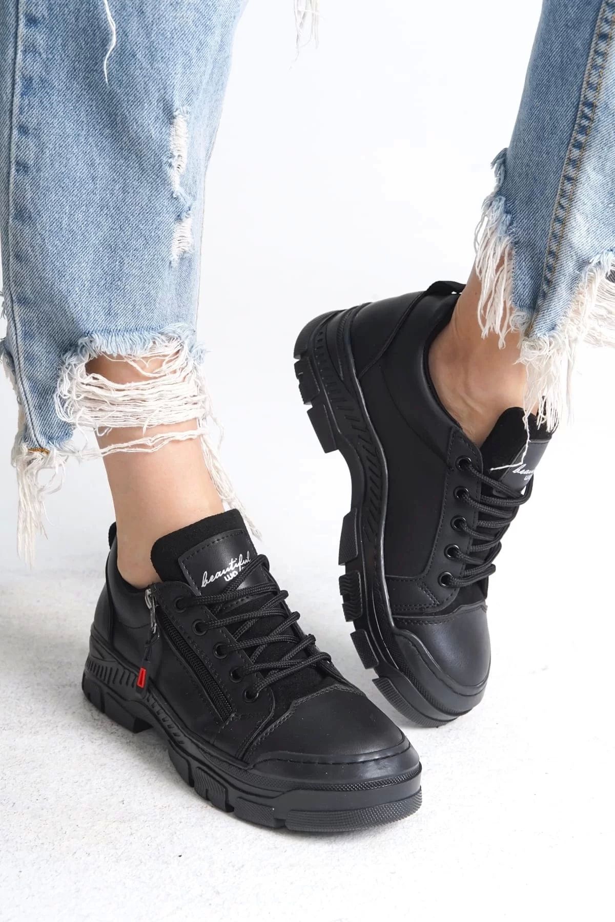 BİCANS AGATHA Bağcıklı Fermuarlı Ortopedik Taban Kadın Sneaker Spor Ayakkabı ST - Siyah