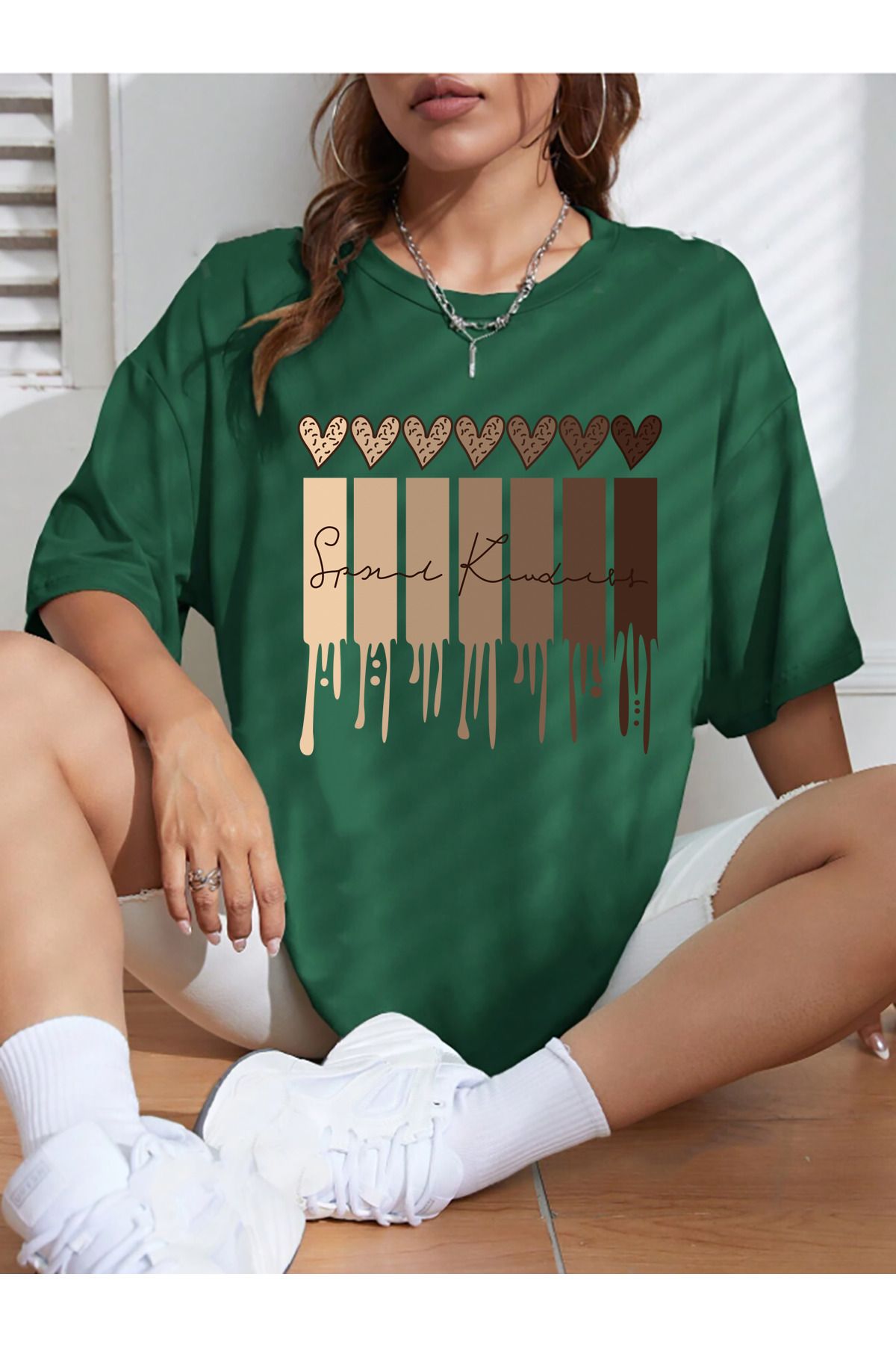 memowear Unisex Leopar Desenli Kalp Baskılı Rahat Kesim Yeşil T-Shirt