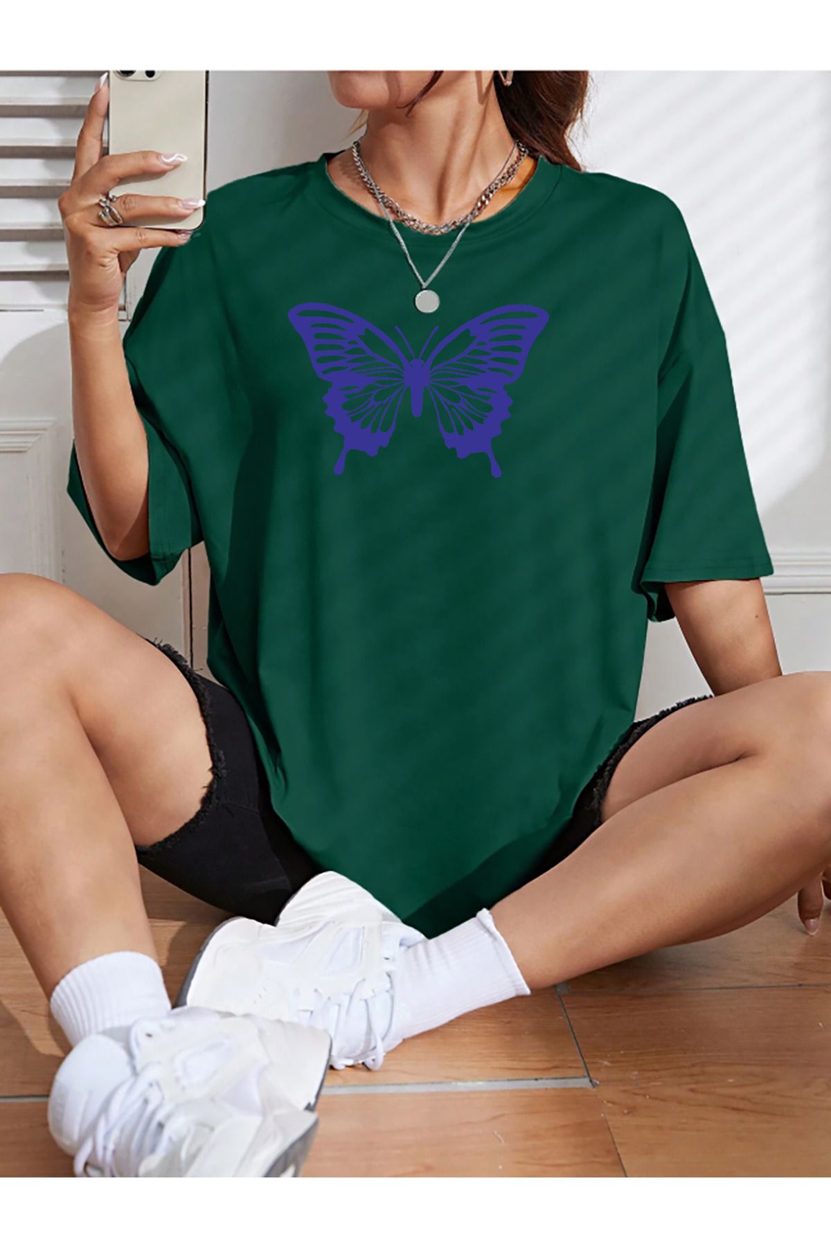 memowear Unisex Mor Kelebek Baskılı Rahat Kesim Yeşil T-Shirt
