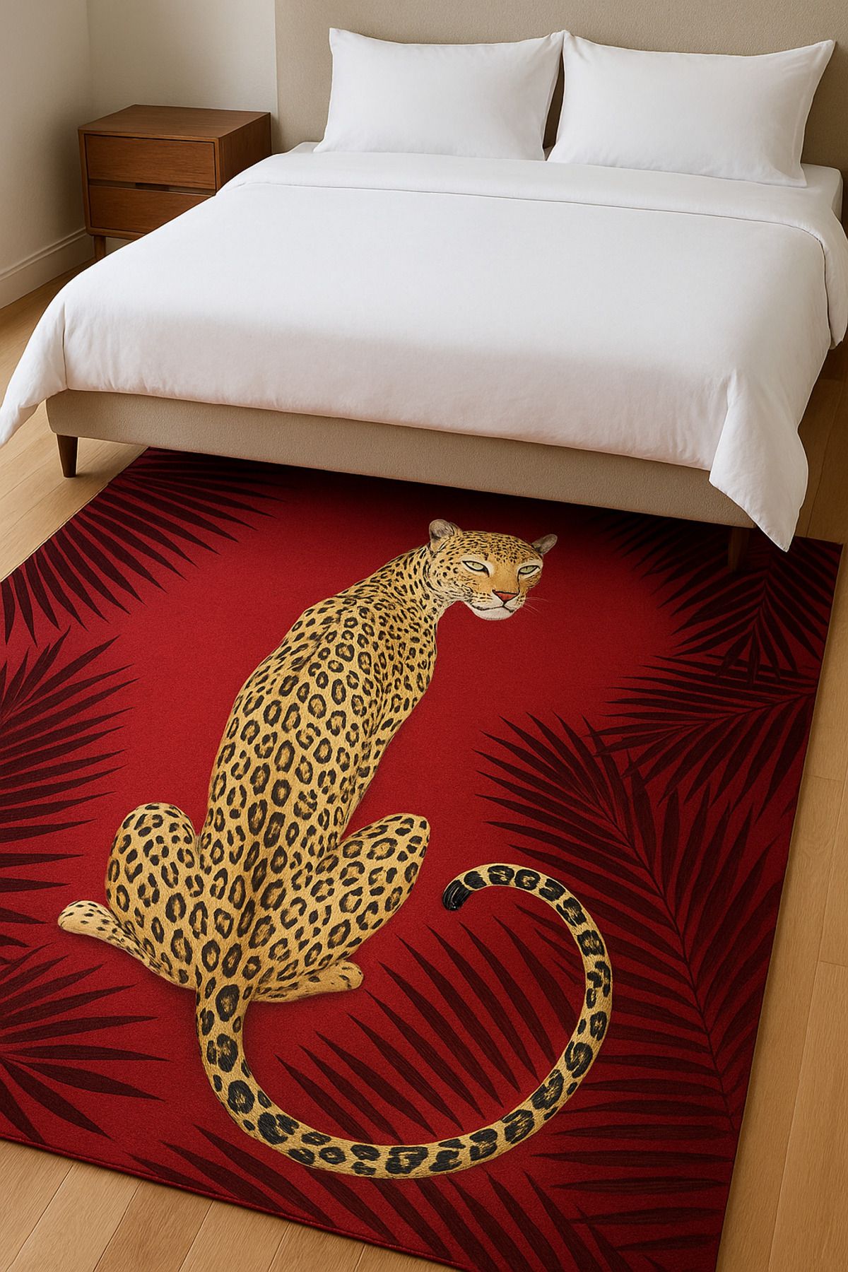 new colourse LeoparDijitalBaskılı Dokuma Kaymaz Pamuk Tabalı Halı