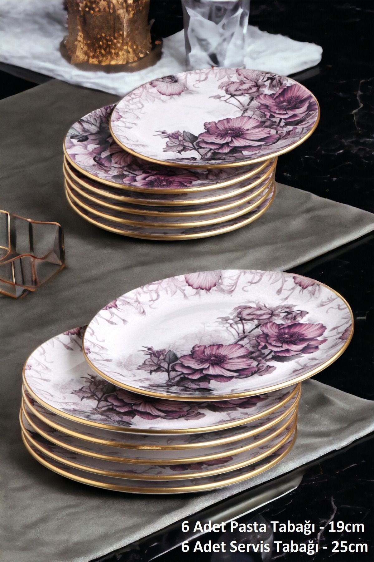 Pinkev-Petunia 12 Pieces Ceramic Cake Serving Plate Set for 6 Persons 2
