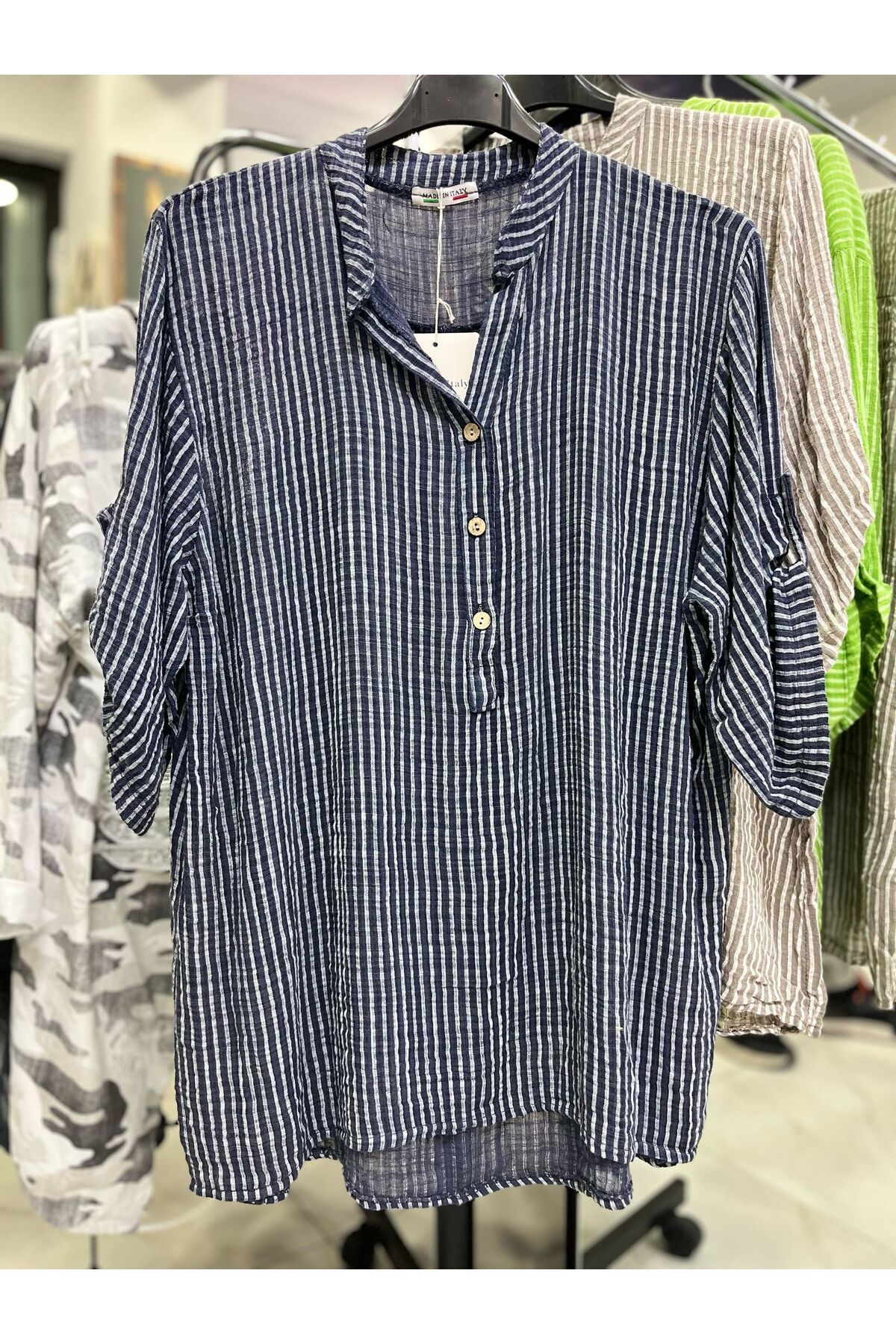 CELTMODA Kadın Çizgi Desenli İtalyan Pamuklu Bluz - Lacivert