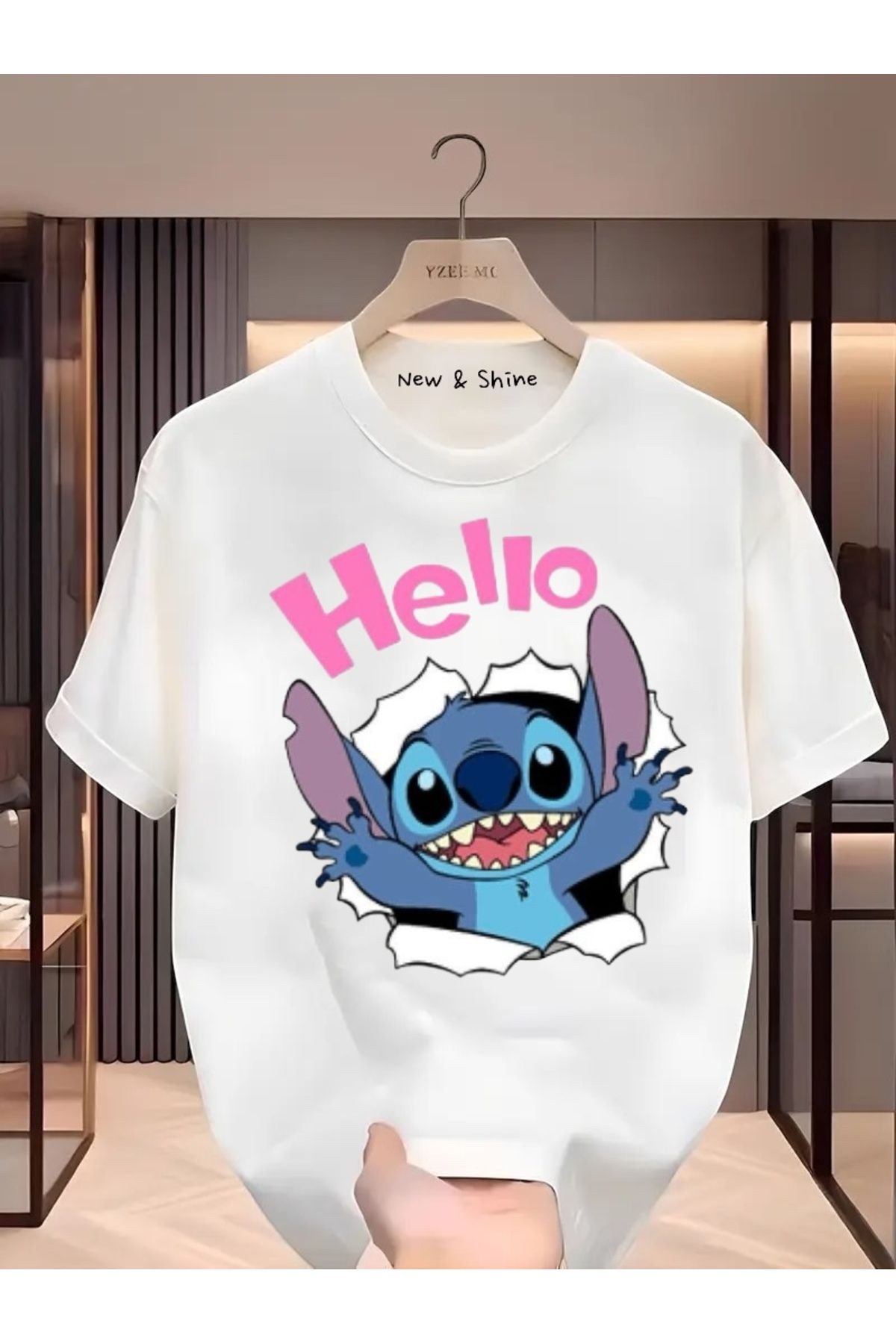 New Shine Hello Stitch Baskılı Büyük Beden Oversize T-Shirt