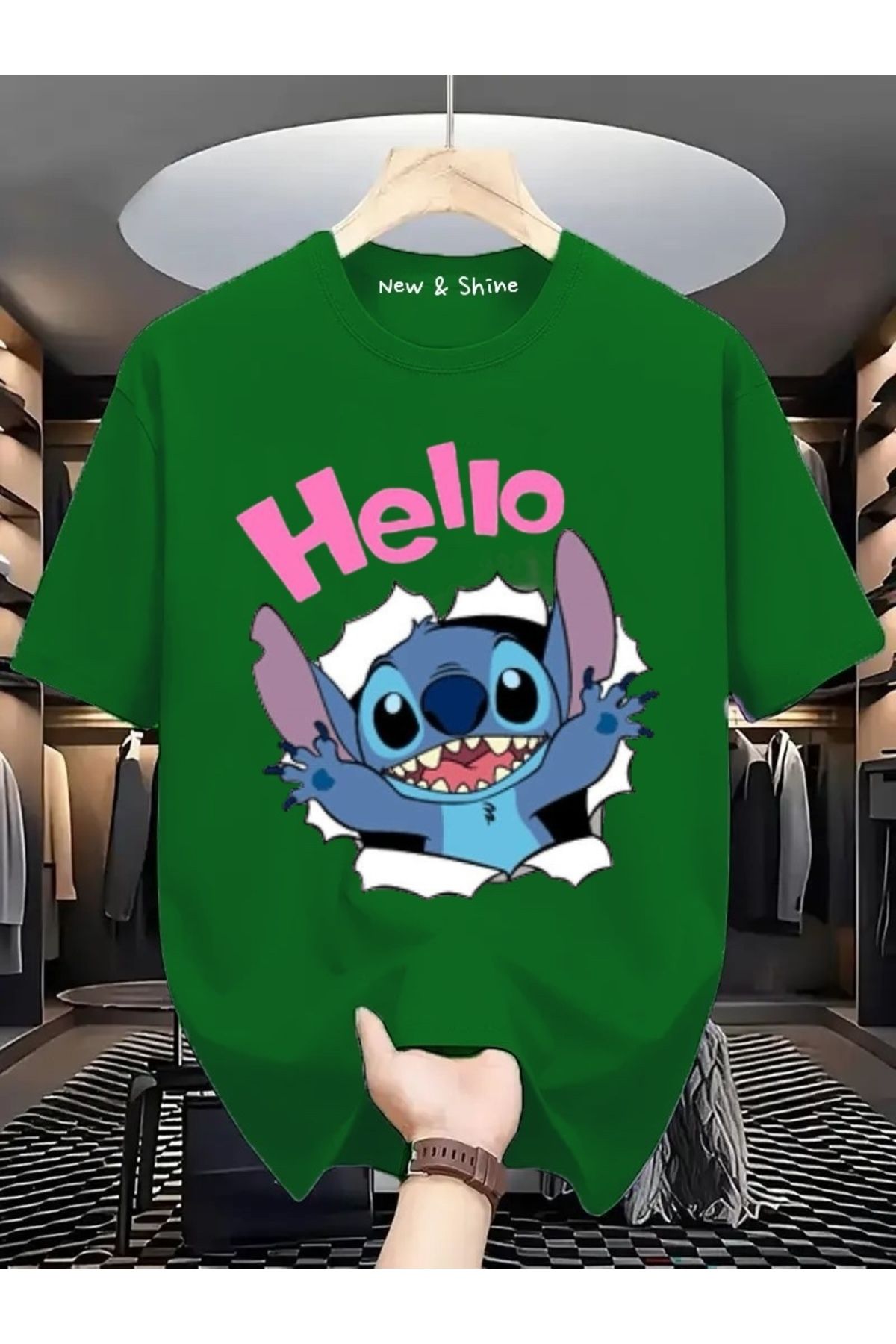 New Shine Hello Stitch Baskılı Oversize T-Shirt