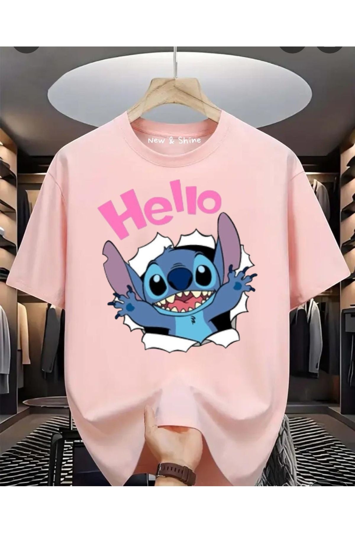 New Shine Hello Stitch Baskılı Oversize T-Shirt